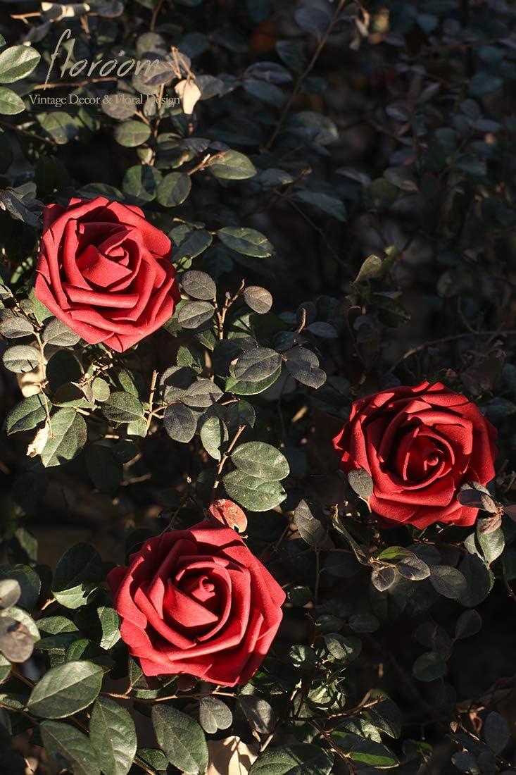 FlowGircnty Artificial Flower Dark Red Rose 25pcs Real Looking Fake Roses w/Stem for DIY Wedding Bouquets Centerpieces Arrangements Party Baby Shower Home Decorations