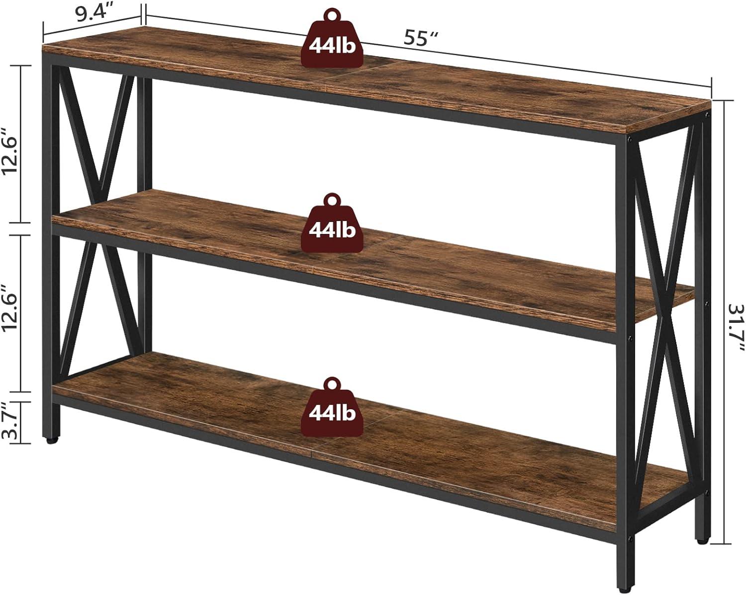 55" Rustic Brown Industrial Console Table with Metal Frame and Storage Shelves