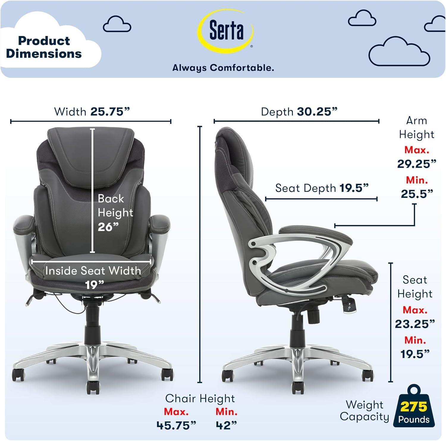 Serta Bryce Executive Office Chair with Patented AIR Lumbar Technology and Layered Body Pillows