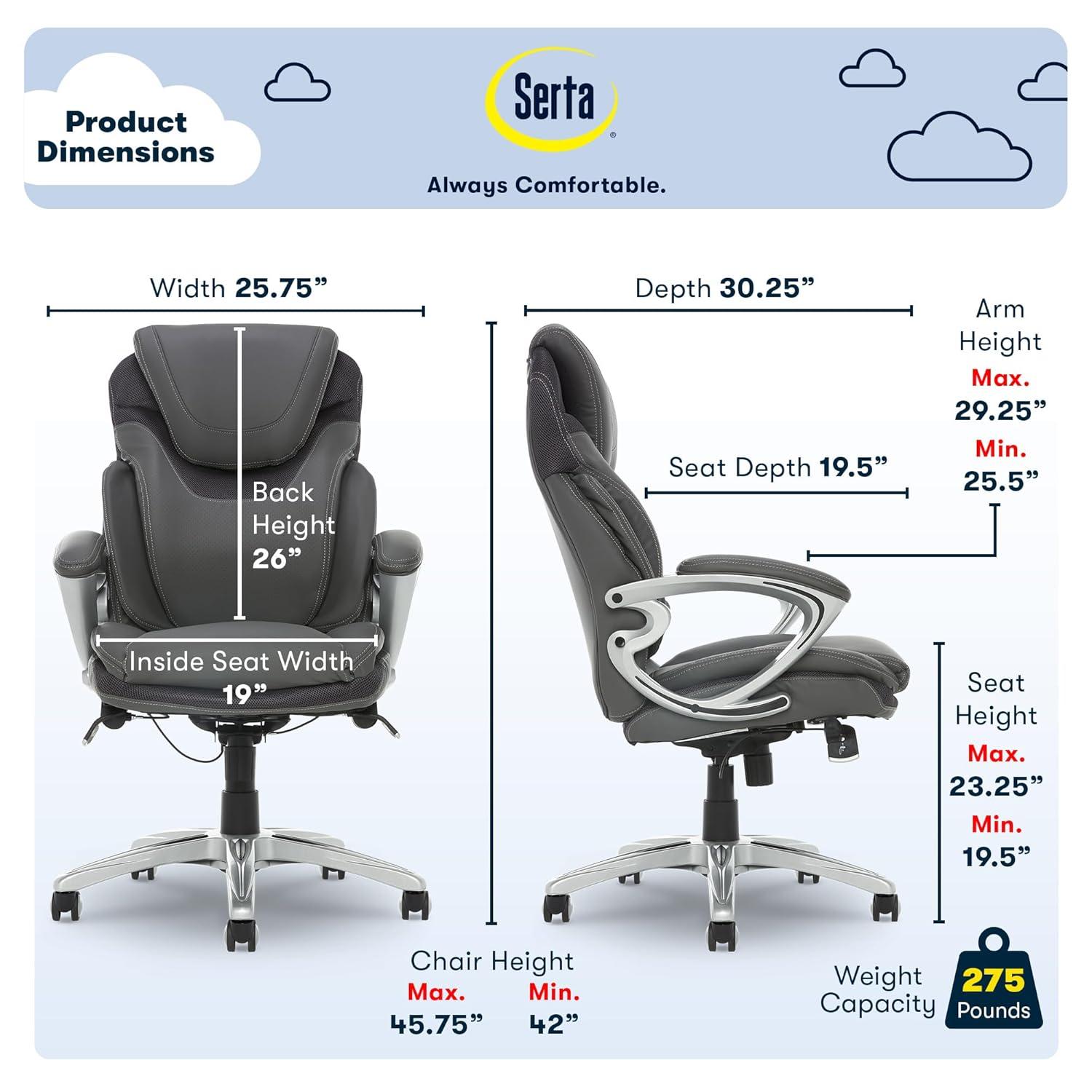 Serta Bryce Executive Office Chair with Patented AIR Lumbar Technology and Layered Body Pillows