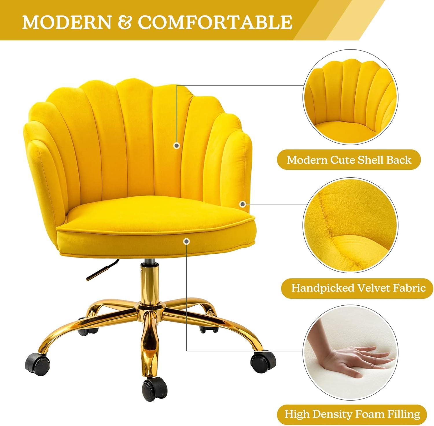 Yellow Velvet Swivel Task Chair with Gold Metal Base