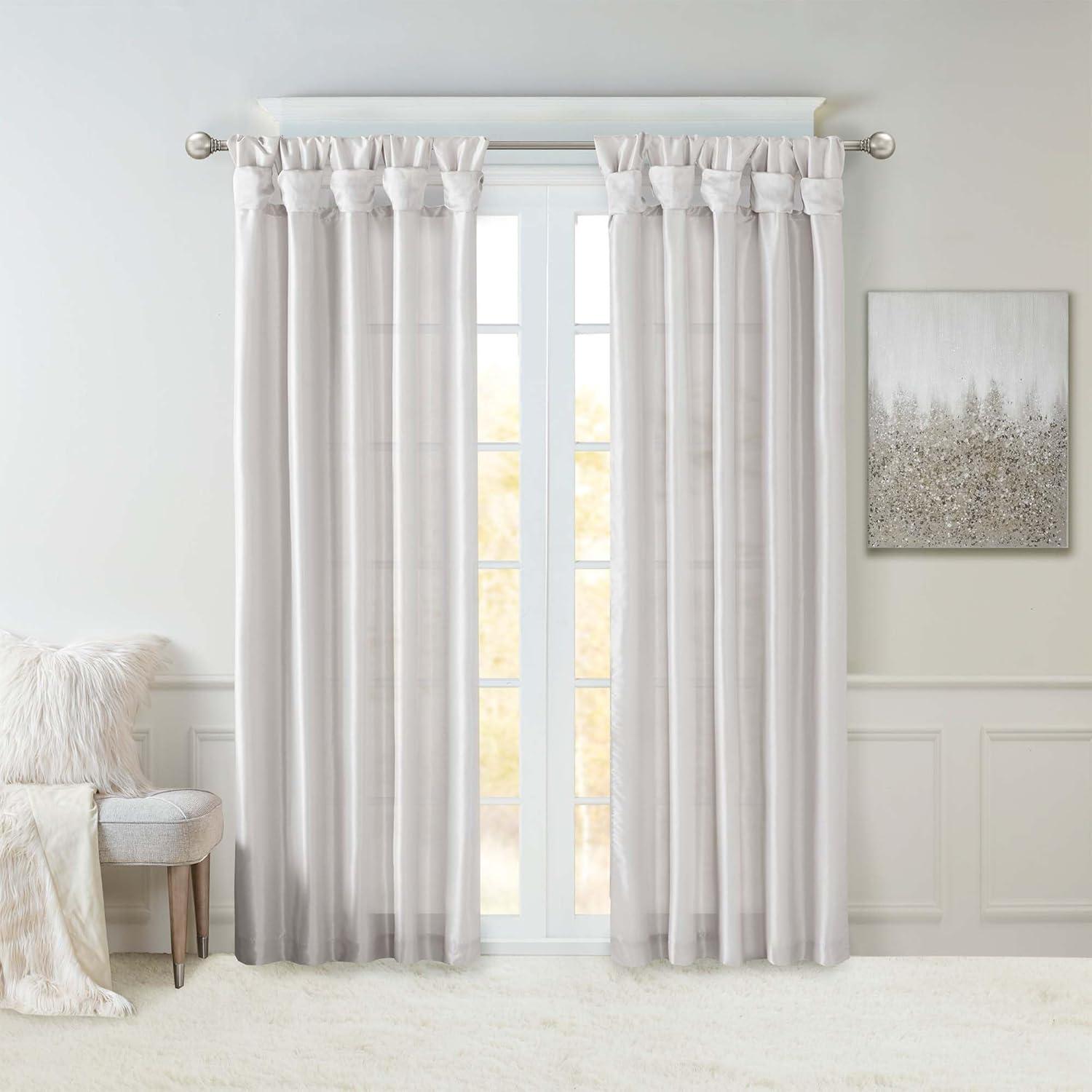 Silver Faux Silk Room-Darkening Tab Top Curtain Panel