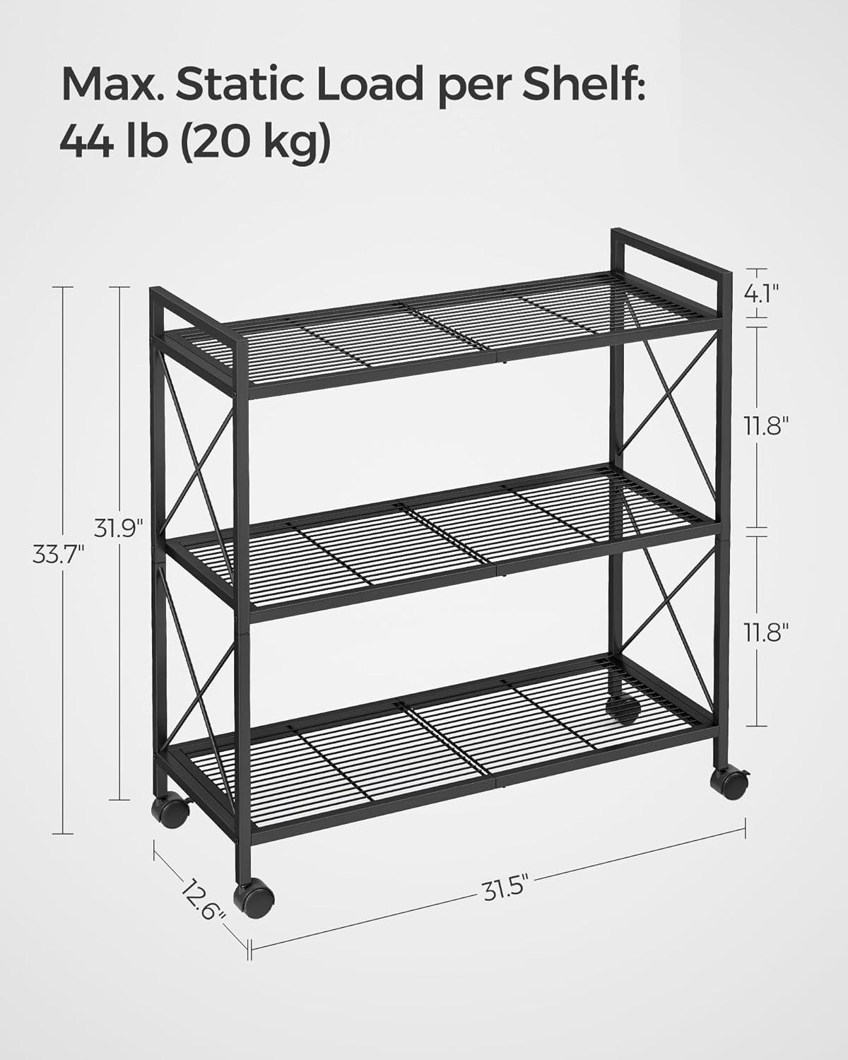 Adjustable Black Steel 3-Tier Storage Rack with Mesh Shelves