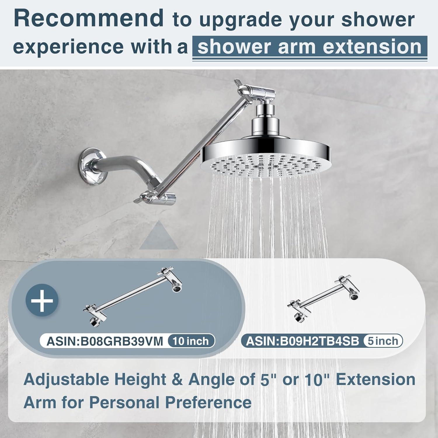 BRIGHT SHOWERS High Pressure Shower Head, 6 Inch Rain Shower Head, 2 Spray Settings Rainfall Shower Heads, Adjustable Angle Replacement Bathroom Showerhead, Easy Installation Polished Chrome