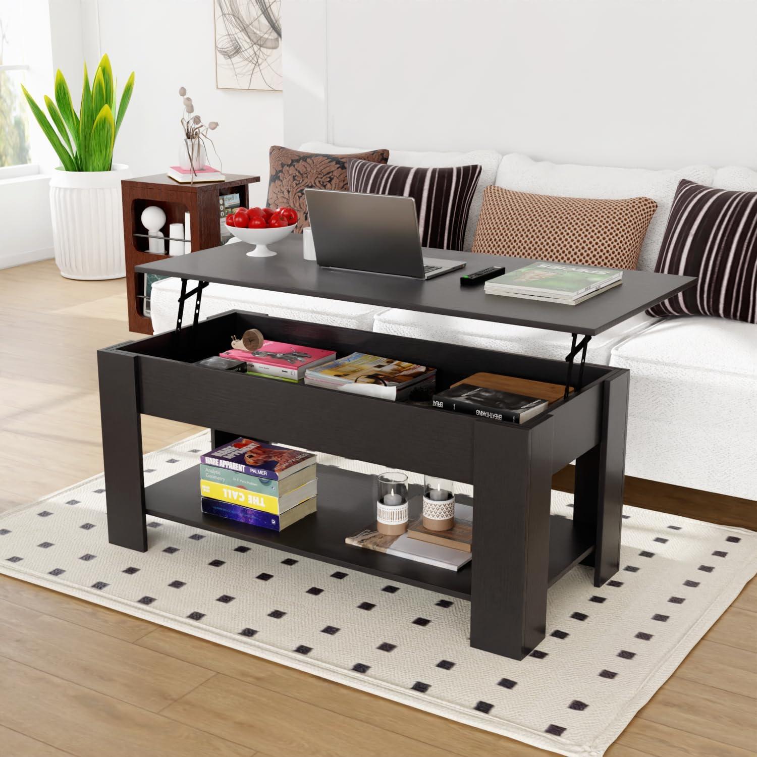 FDW Coffee Table Lift Top Coffee Tables with Hidden Compartment and Storage Shelf Wooden Lift Tabletop Dining Table for Living Room Home (Black)