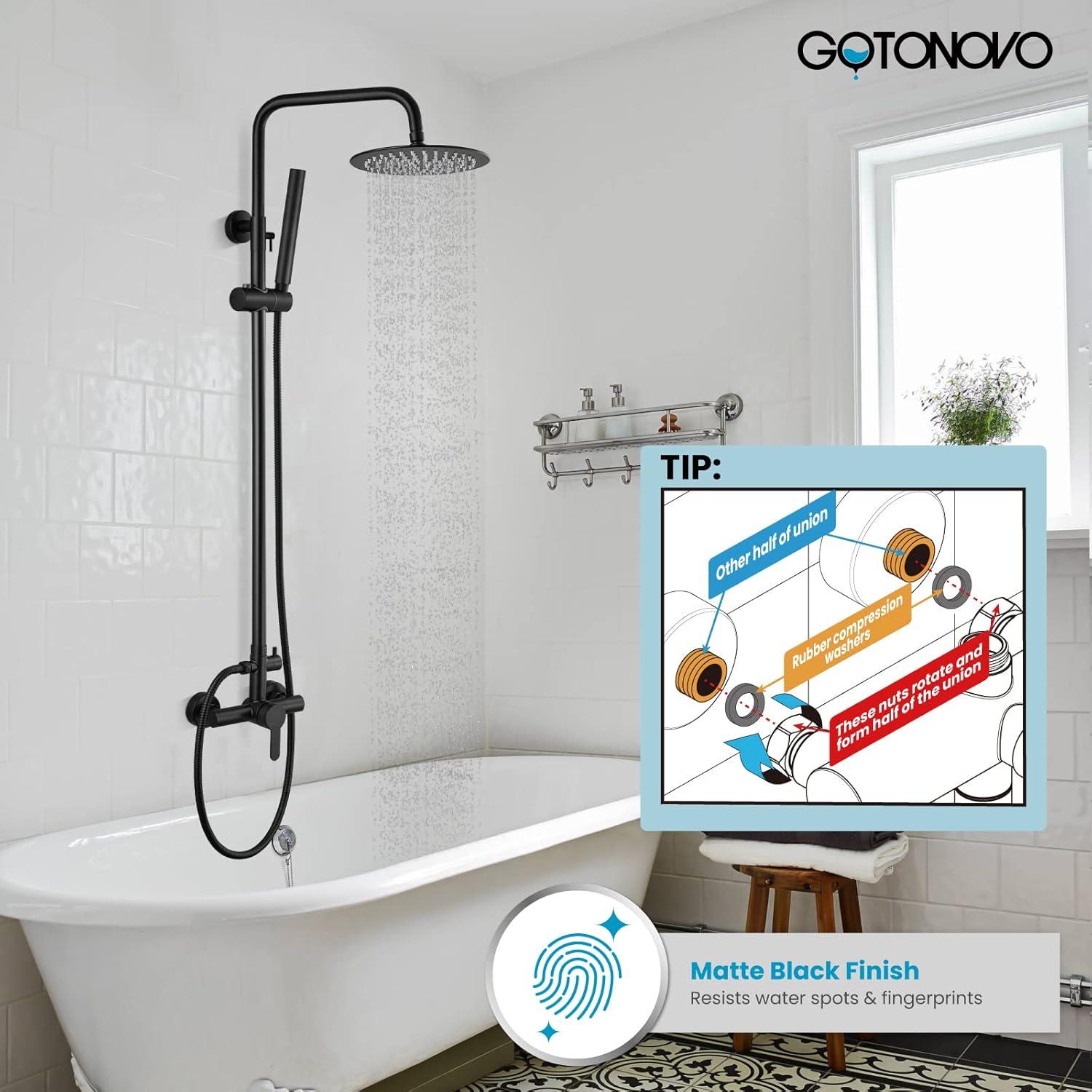 gotonovo Matte Black Outdoor Shower Fixture Rainfall Single Handle Shower System Set High Pressure Wall Mount 2 Dual Function 8 Inch Shower Head and Handheld Spray SUS304 Shower Faucet Combo