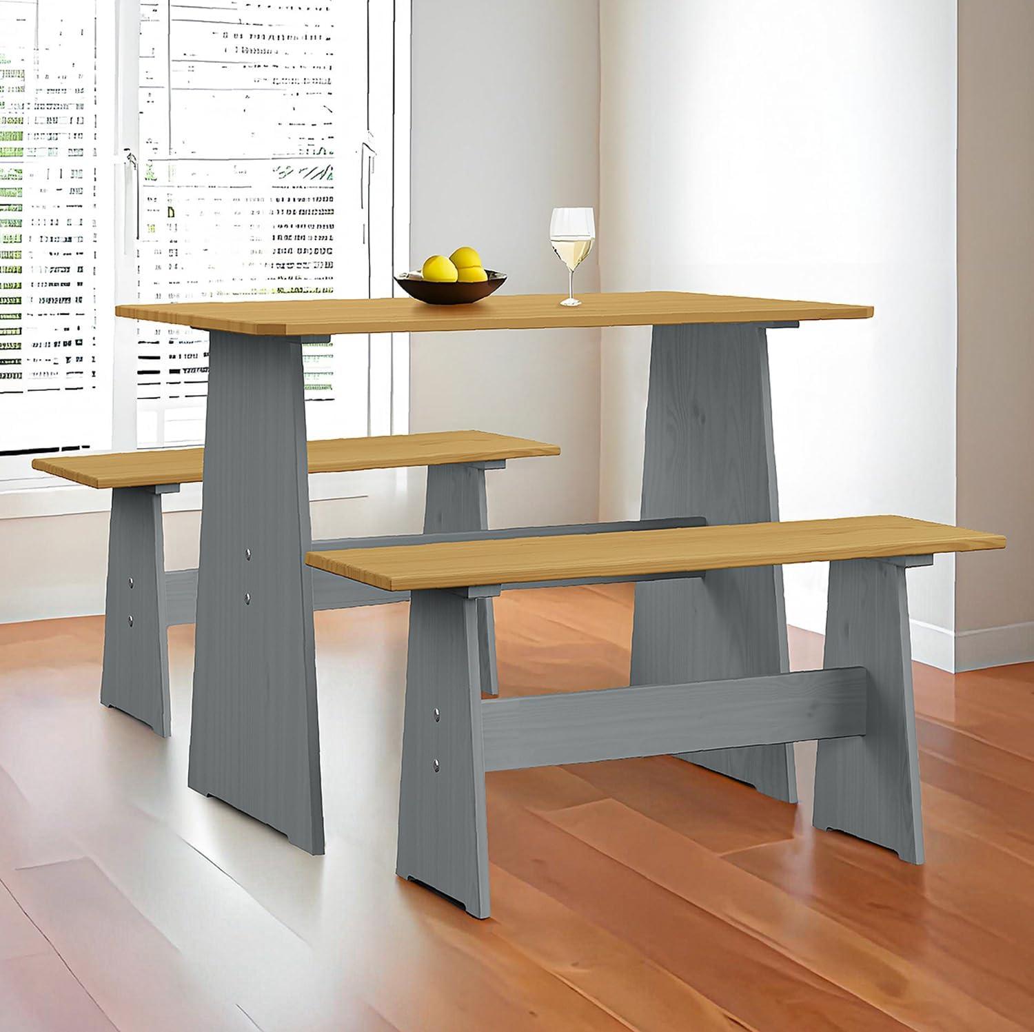 Urban Home Furniture Chapman 3 Piece Casual Dining 2-Tone Natural/Grey Solid Pine Wood Kitchen Table Set with 2 Benches, Kitchen Dining Set