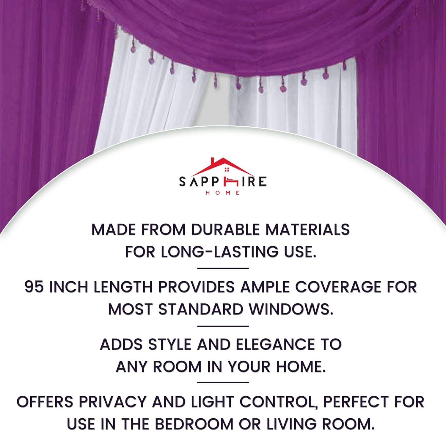 Sapphire Home Complete Window Sheer Curtain Panel Set with 4 Attached Panels 55x95 Each and 2 Valances with Beads and 2 Tiebacks - Easy Installation- Multicolor Purple and White