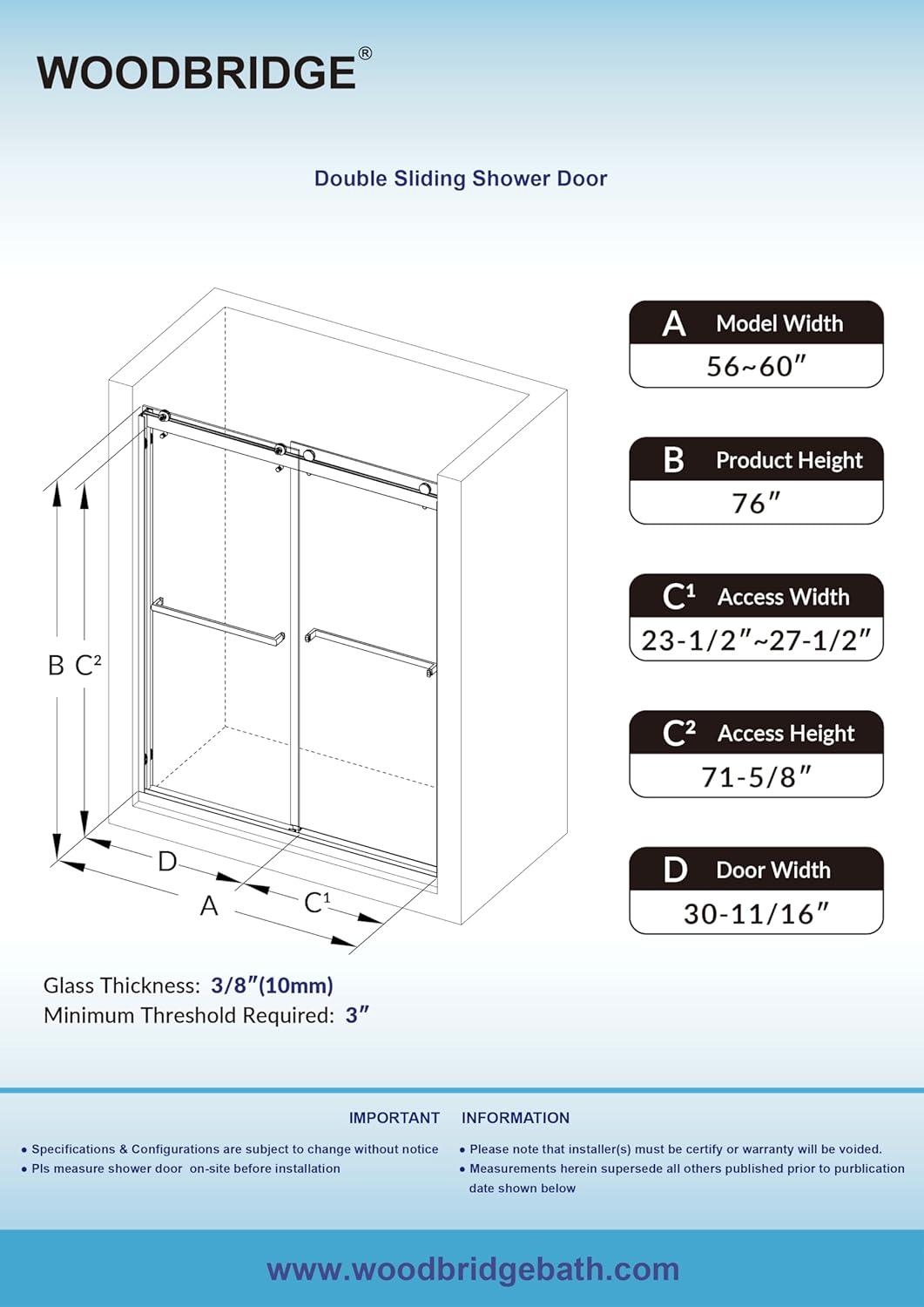 56-60" W x 76" H Double Sliding Frameless Shower Door with 3/8 in. Clear Glass