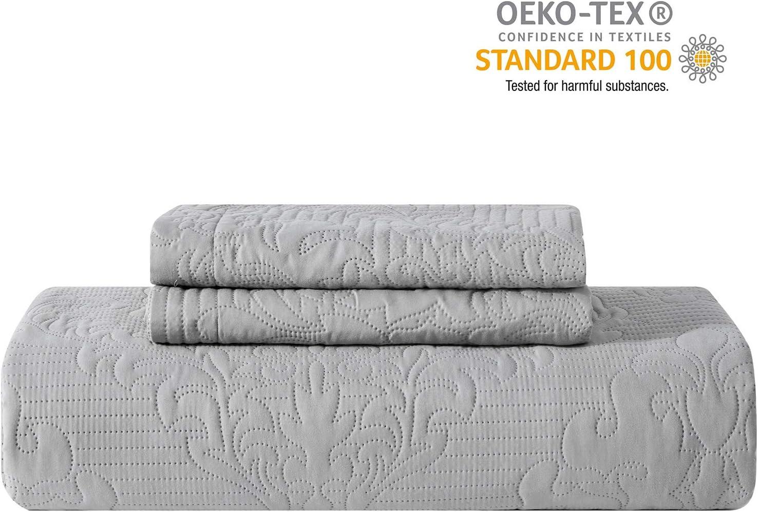 Hansleep Grey Quilt Queen Size - Damask Ultrasonic All Season Bedspread Queen, Soft Lightweight Coverlet Bedding Set, 3 Pieces (1 Quilt, 2 Pillow Shams)