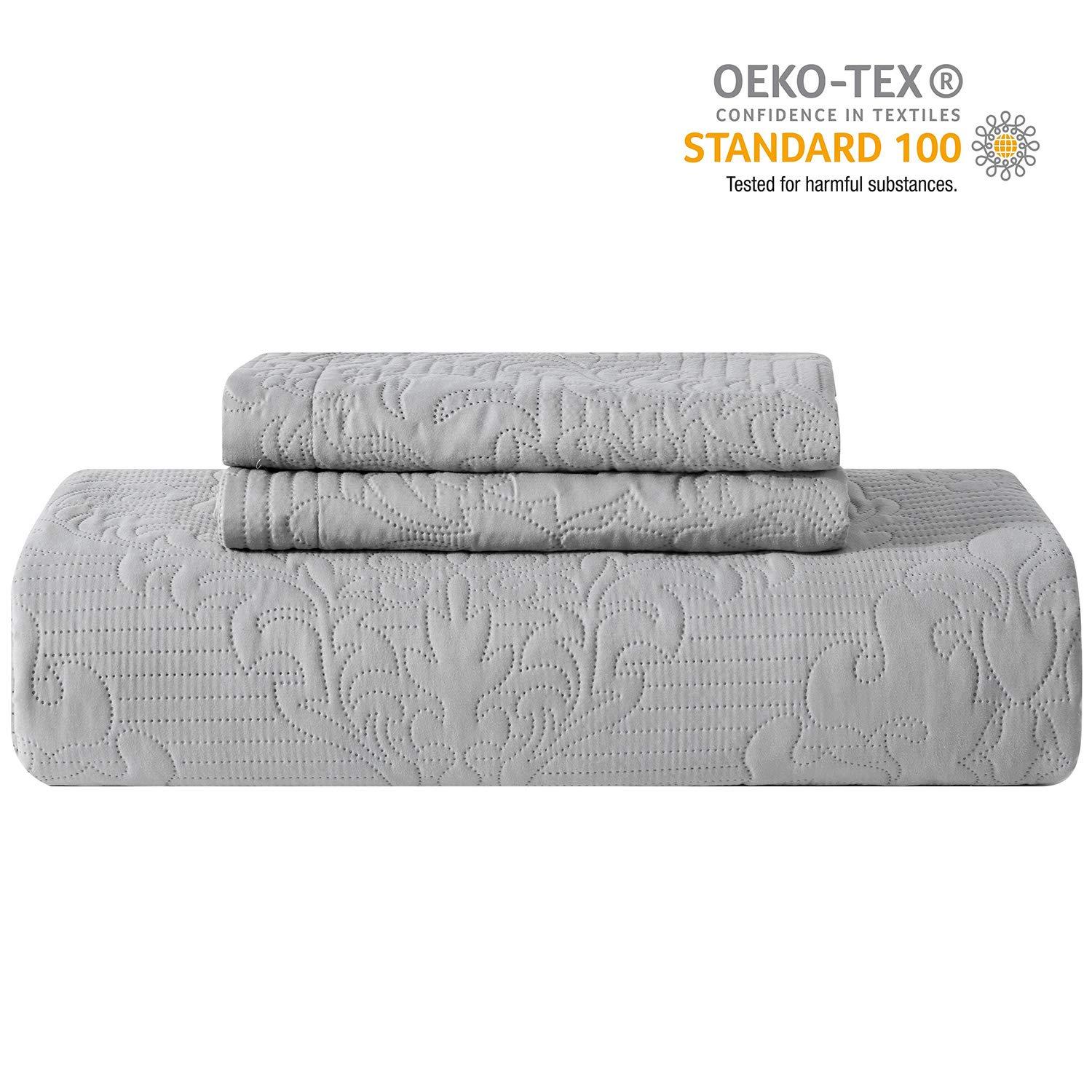 Hansleep Grey Quilt Queen Size - Damask Ultrasonic All Season Bedspread Queen, Soft Lightweight Coverlet Bedding Set, 3 Pieces (1 Quilt, 2 Pillow Shams)