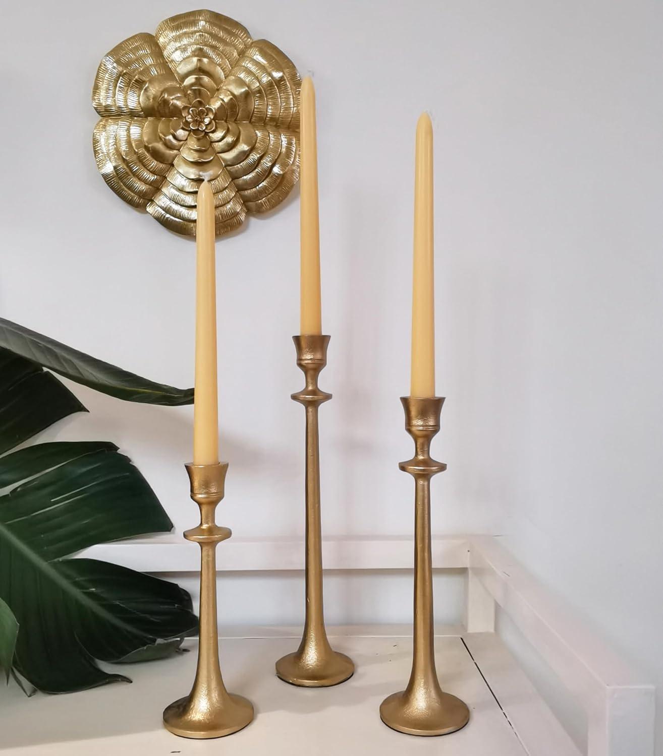 wwbo Set of 3 Exquisite Antique Brass Cast Iron Taper Candle Holders - Elegant Decorative Centerpieces for Wedding  Dining  Party - Tabletop Candlestick Holders for Christmas Decorations