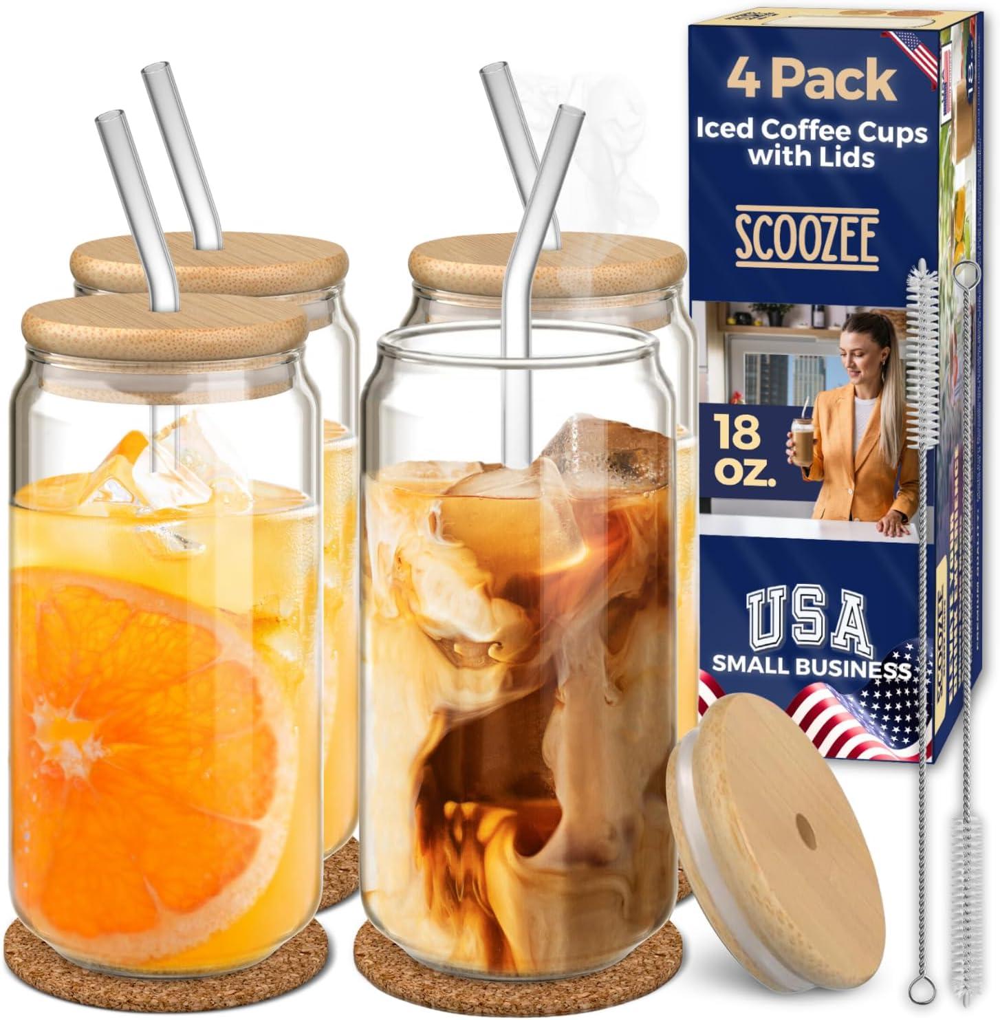 Iced Coffee Cup 18 Oz with(4 Pcs Pack) Natural Bamboo Lids, Clear Glass Cups with Lids and Straws, Ideal Gifts for Women, Birthday & Christmas, Elephant Gifts - Scoozee