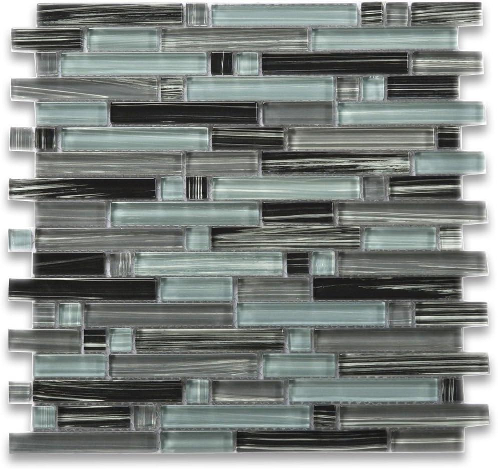 Grey Blue and Black Glass Rectangle Mosaic Tile