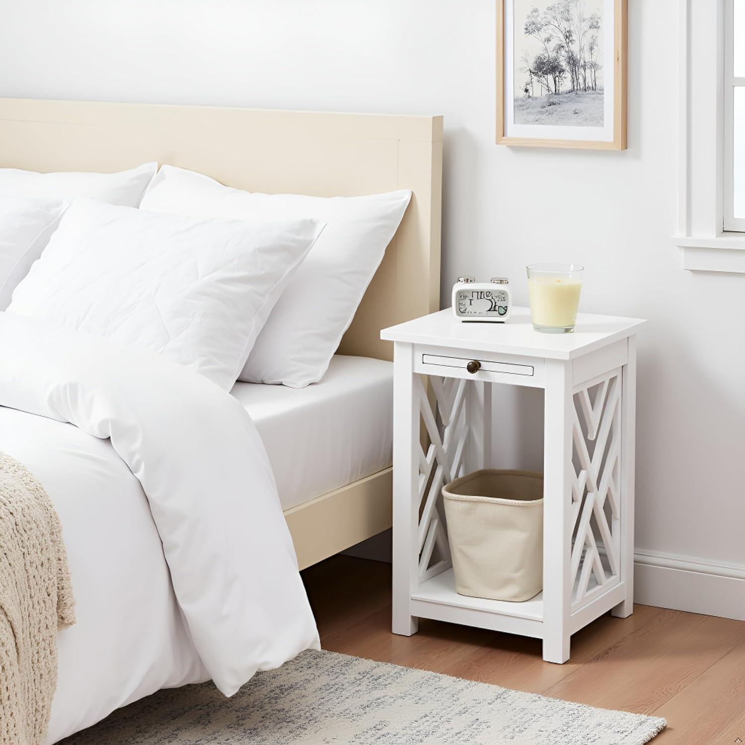 Alaterre Furniture Coventry Wood End Table with Tray and Bottom Shelf, Modern Accent Furniture, White