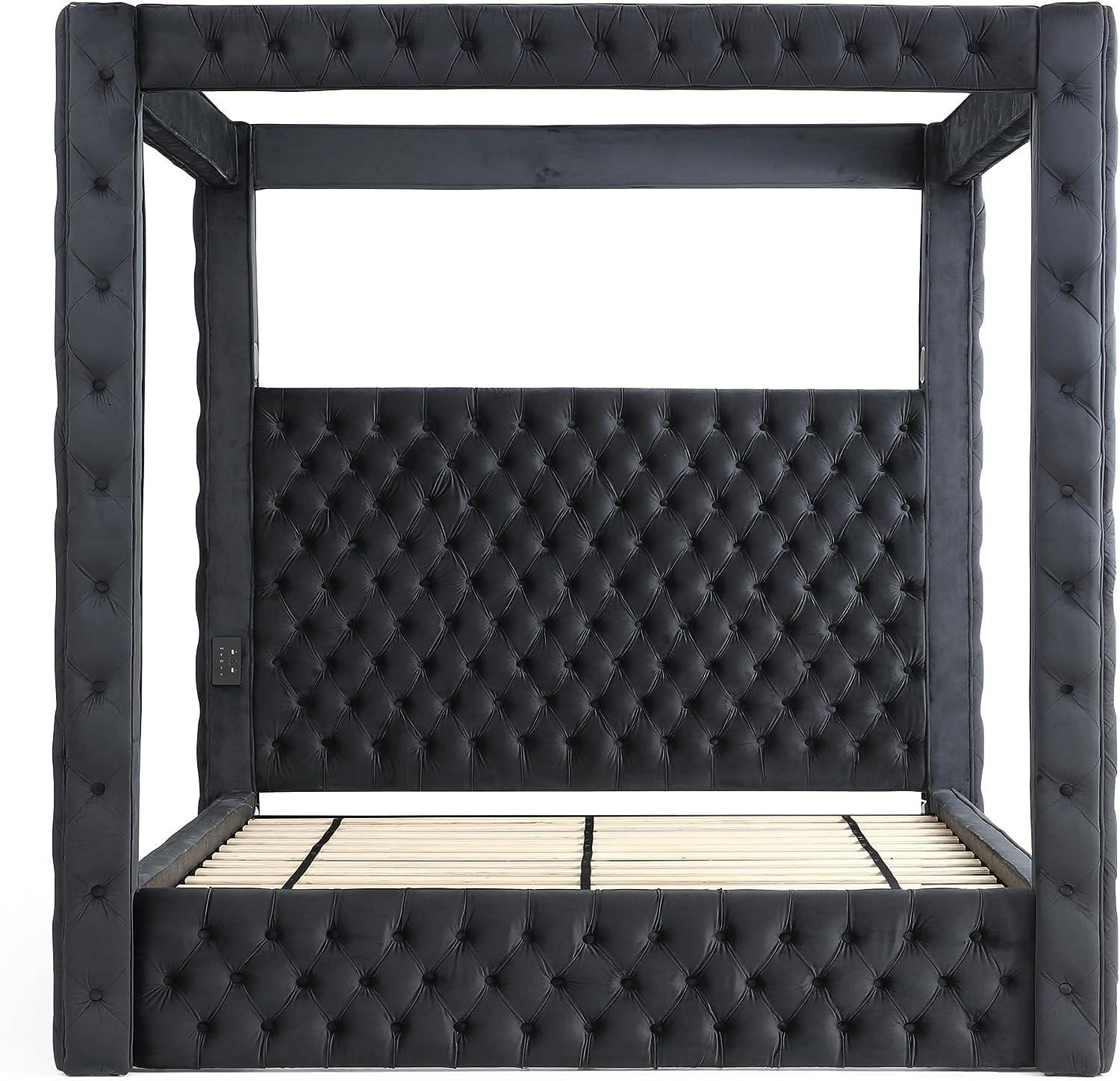 Woodpeckers Furniture and Mattress Luxurious Velvet Canopy Dream Bed with Speaker & USB Connection