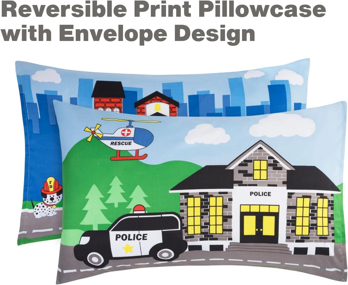 EVERYDAY KIDS 4 Piece Toddler Bedding Set -Fire and Police Rescue- Includes Comforter, Flat Sheet, Fitted Sheet and Reversible Pillowcase