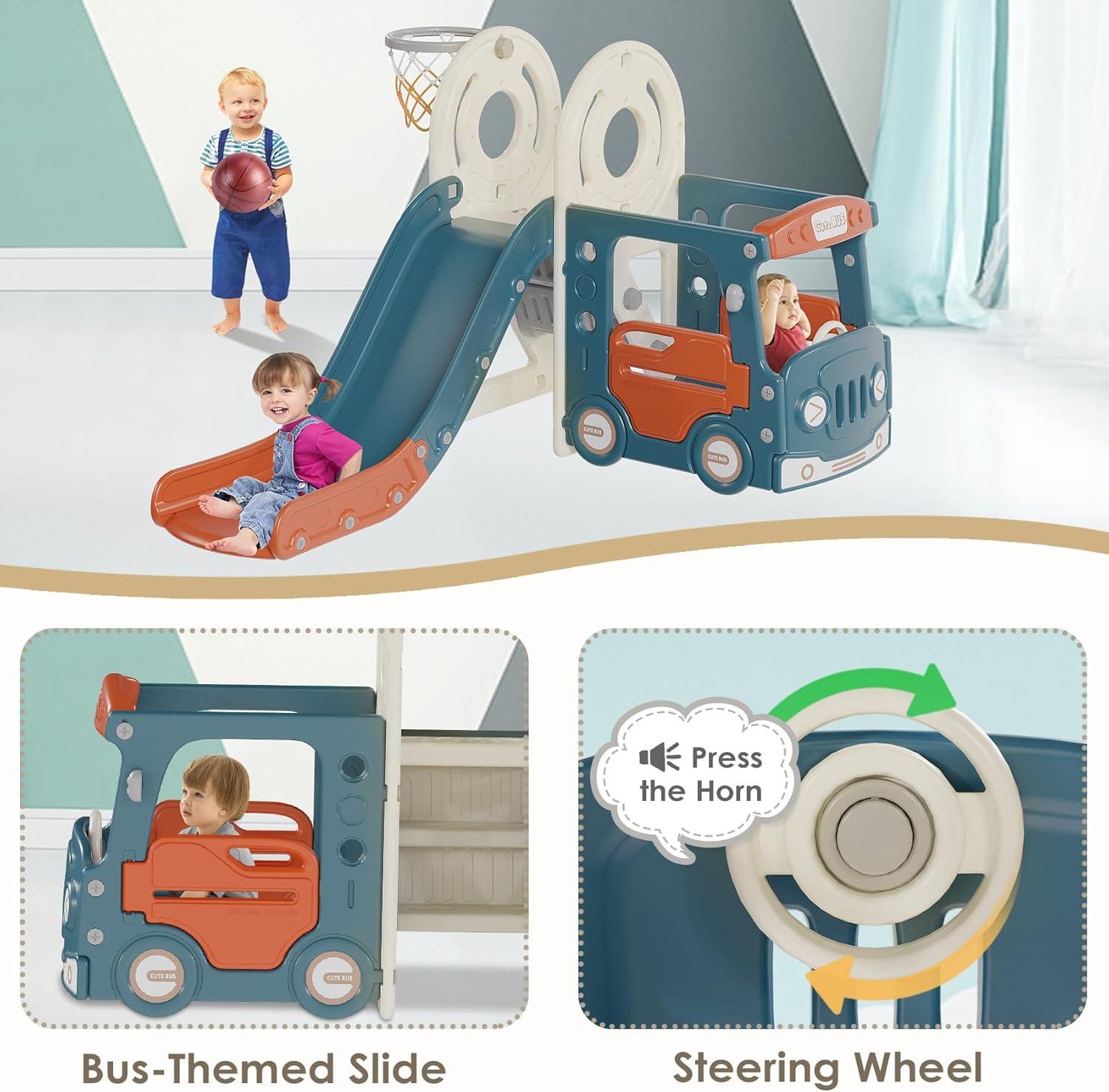 Suteck 4 in 1 Toddler Slide, Kids Slide with Climber and Bus Playhouse Outdoor Indoor Slide Playset