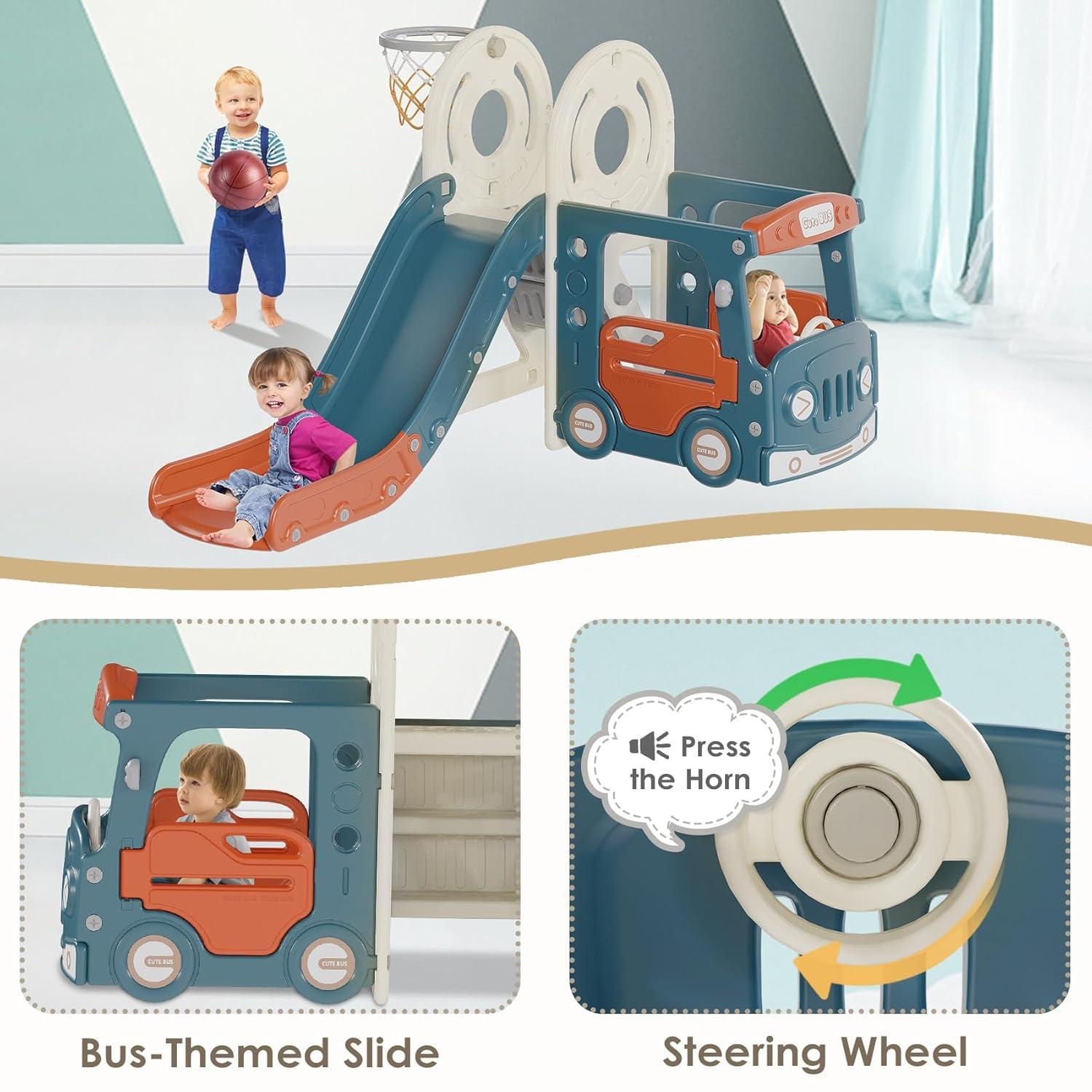 Suteck 4 in 1 Toddler Slide, Kids Slide with Climber and Bus Playhouse Outdoor Indoor Slide Playset