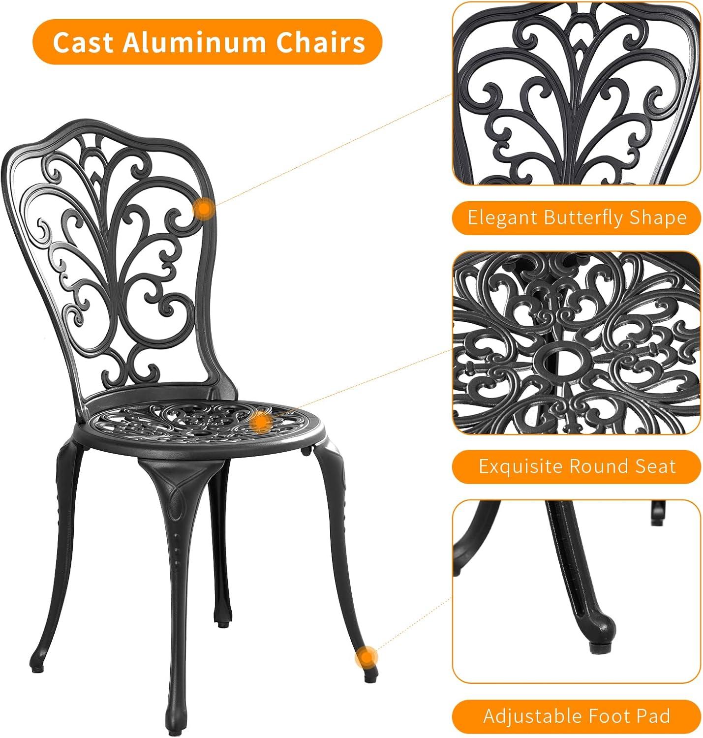 Black Cast Aluminum 3-Piece Outdoor Bistro Set with Floral Design