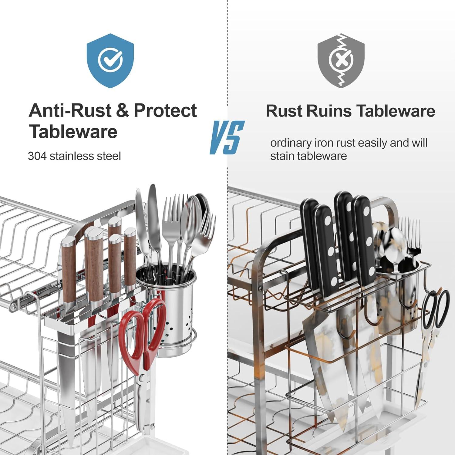 2 Tier Dish Drying Rack for Kitchen Counter，Stainless Steel Large Capacity Dish Rack with Detachable Dish Drainer Organizer，Utensil Holder and Drain Board