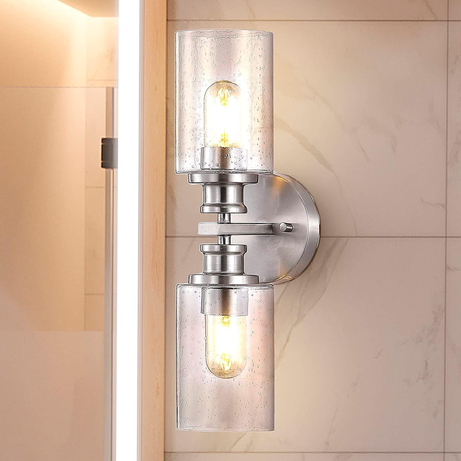 JONATHAN Y Jules Edison 16.5" Cylinder 2-Light Iron/Seeded Glass Farmhouse Contemporary LED Wall Sconce, Nickel