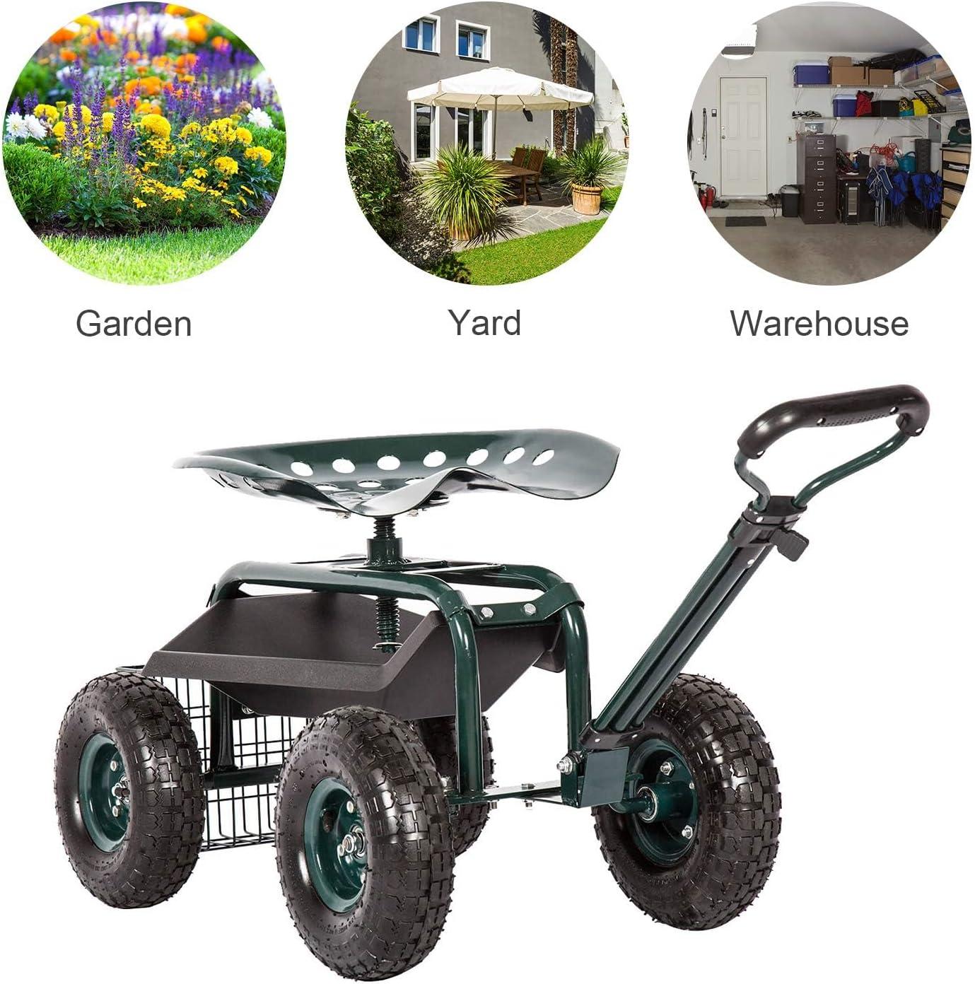 Rolling Garden Cart Scooter Stool - Garden Seat with Wheels Garden Cart with Seat, Adjustable Handle 360 Degree Swivel (Green)