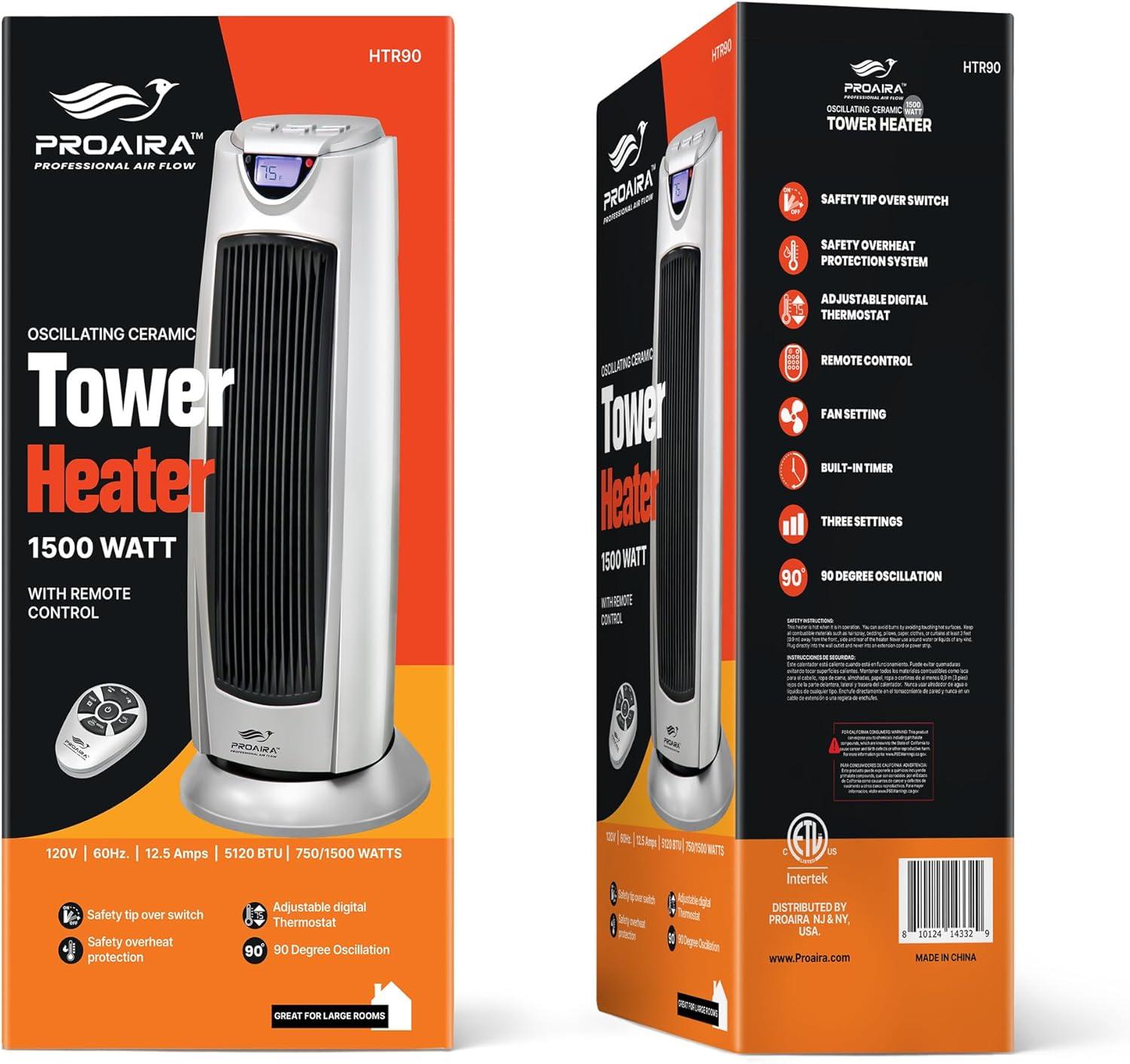 Silver Ceramic Electric Tower Heater with Thermostat and Remote