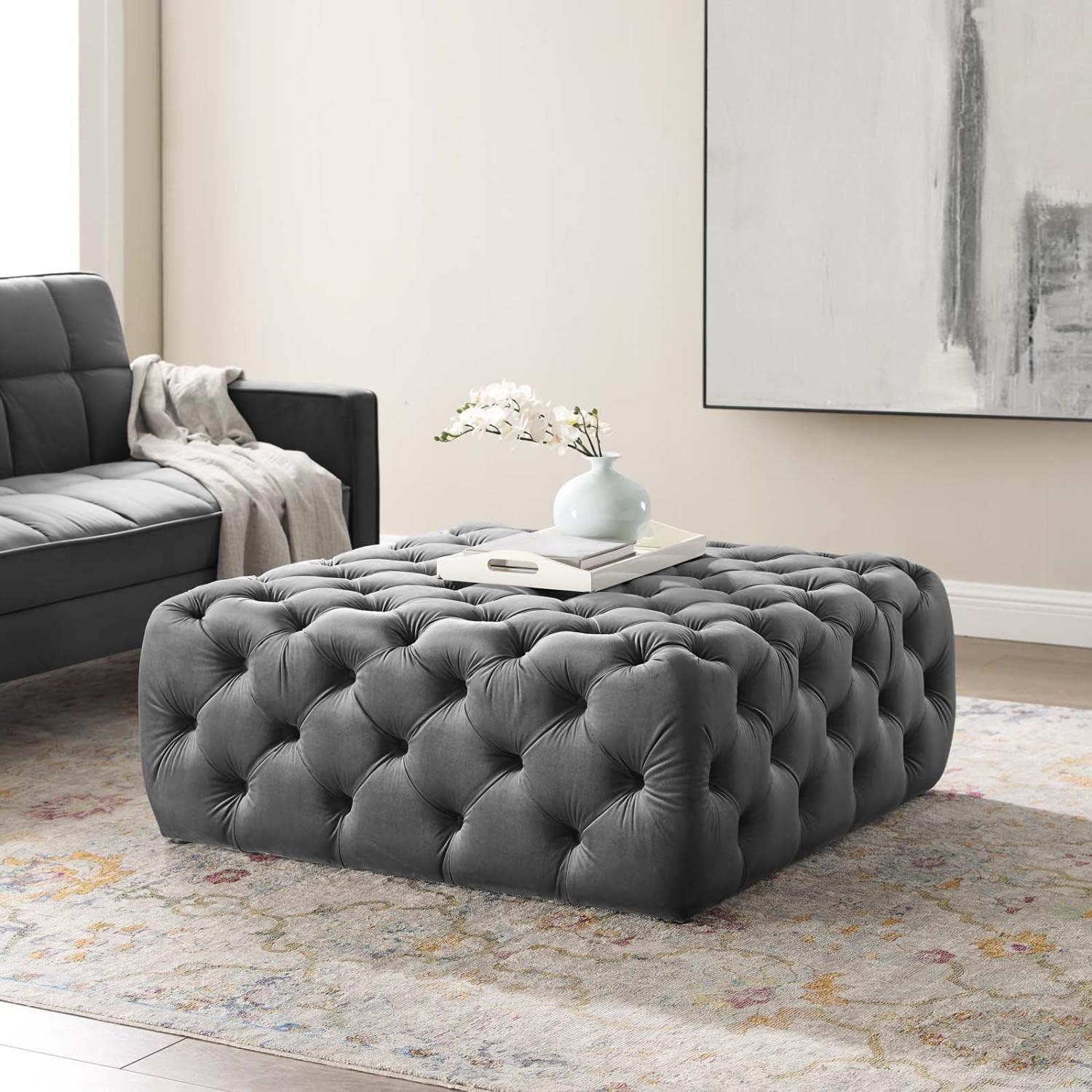 Amour Luxe Velvet Tufted Cocktail Ottoman in Gray