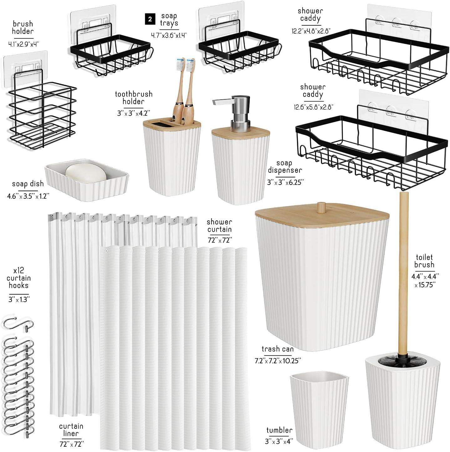 Shower Caddy and Bathroom Accessories Set - 25PC White Bathroom Accessory Set with Black Shower Shelf Caddy Set