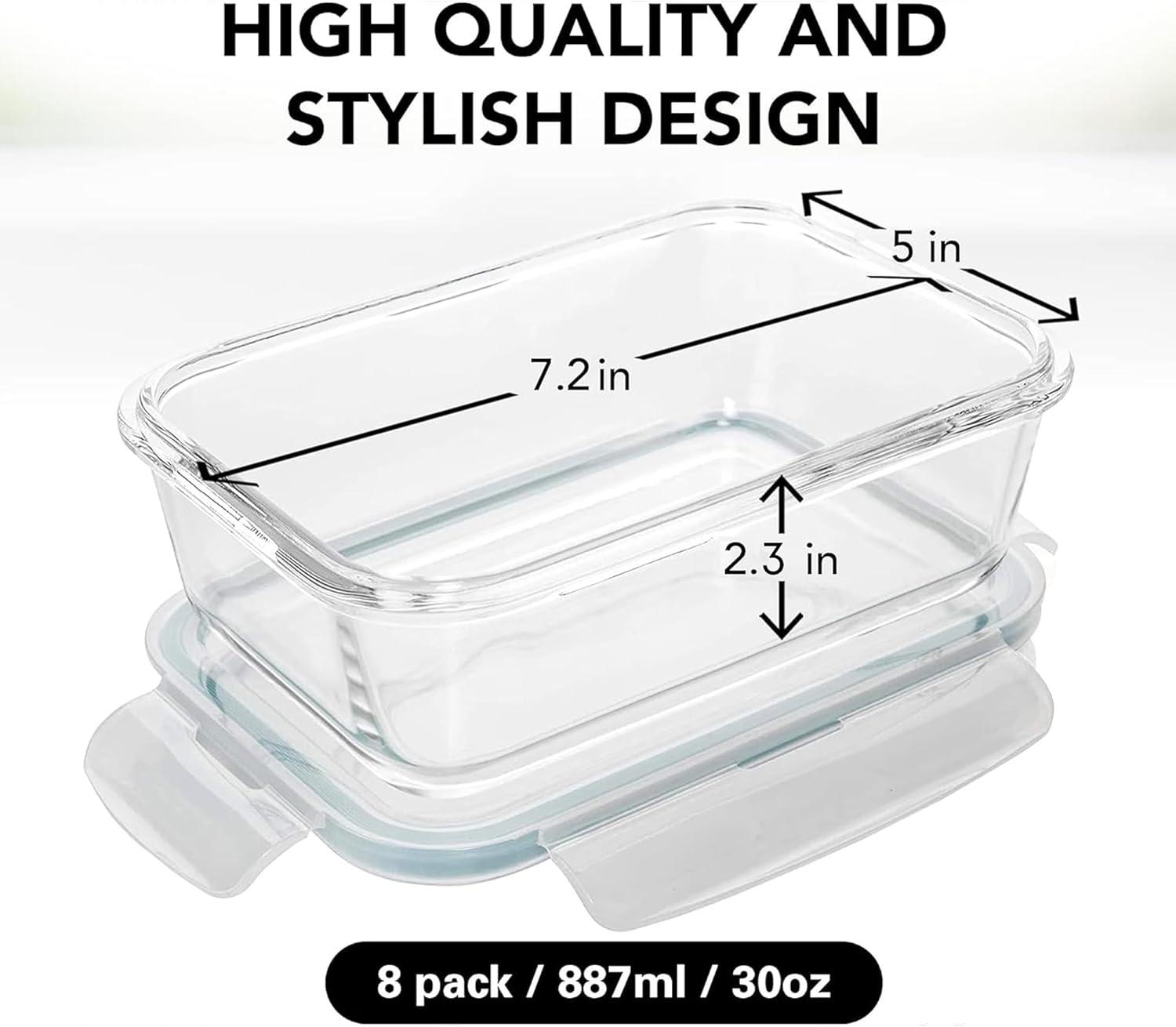 Set of 8 Rectangular Glass Meal Prep Containers with Snap Lids