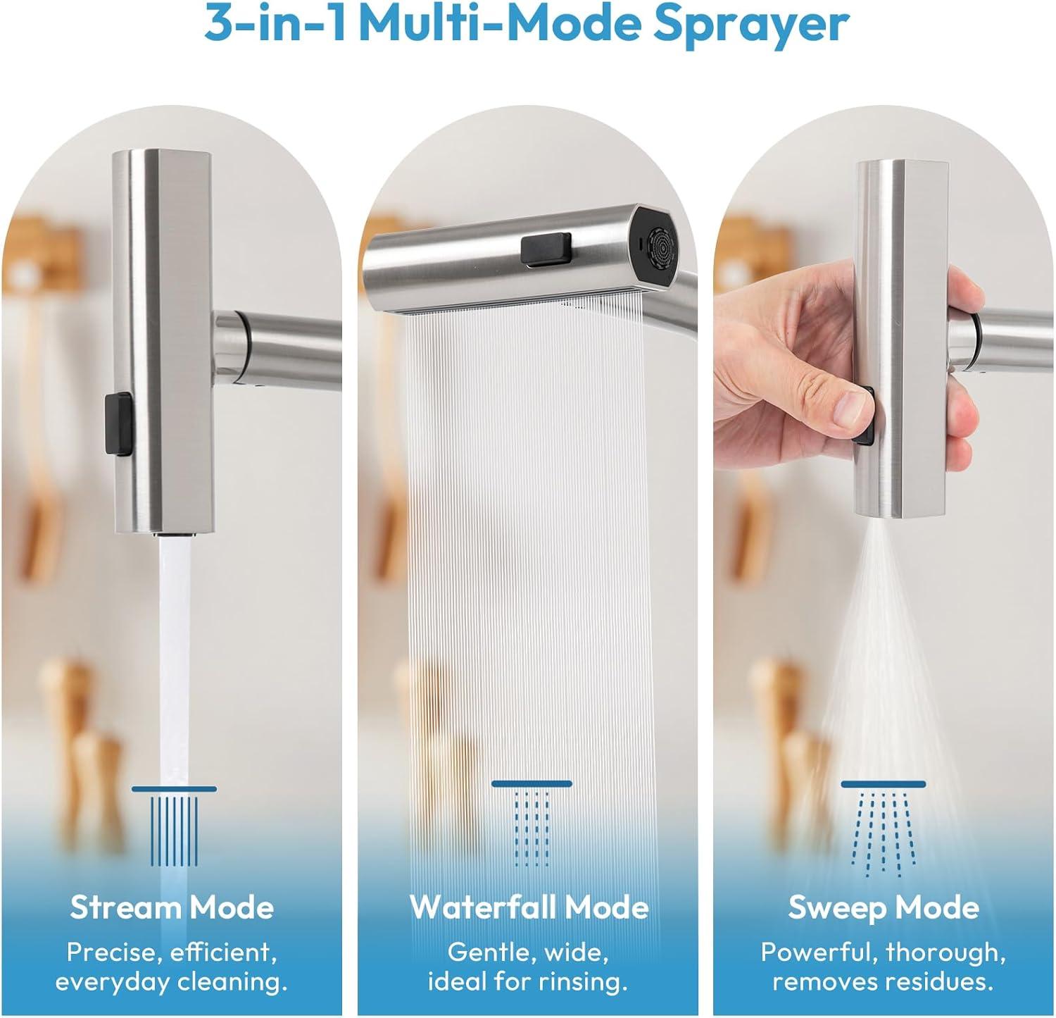 Brushed Nickel Stainless Steel Pull Down Kitchen Faucet with 3-Mode Sprayer