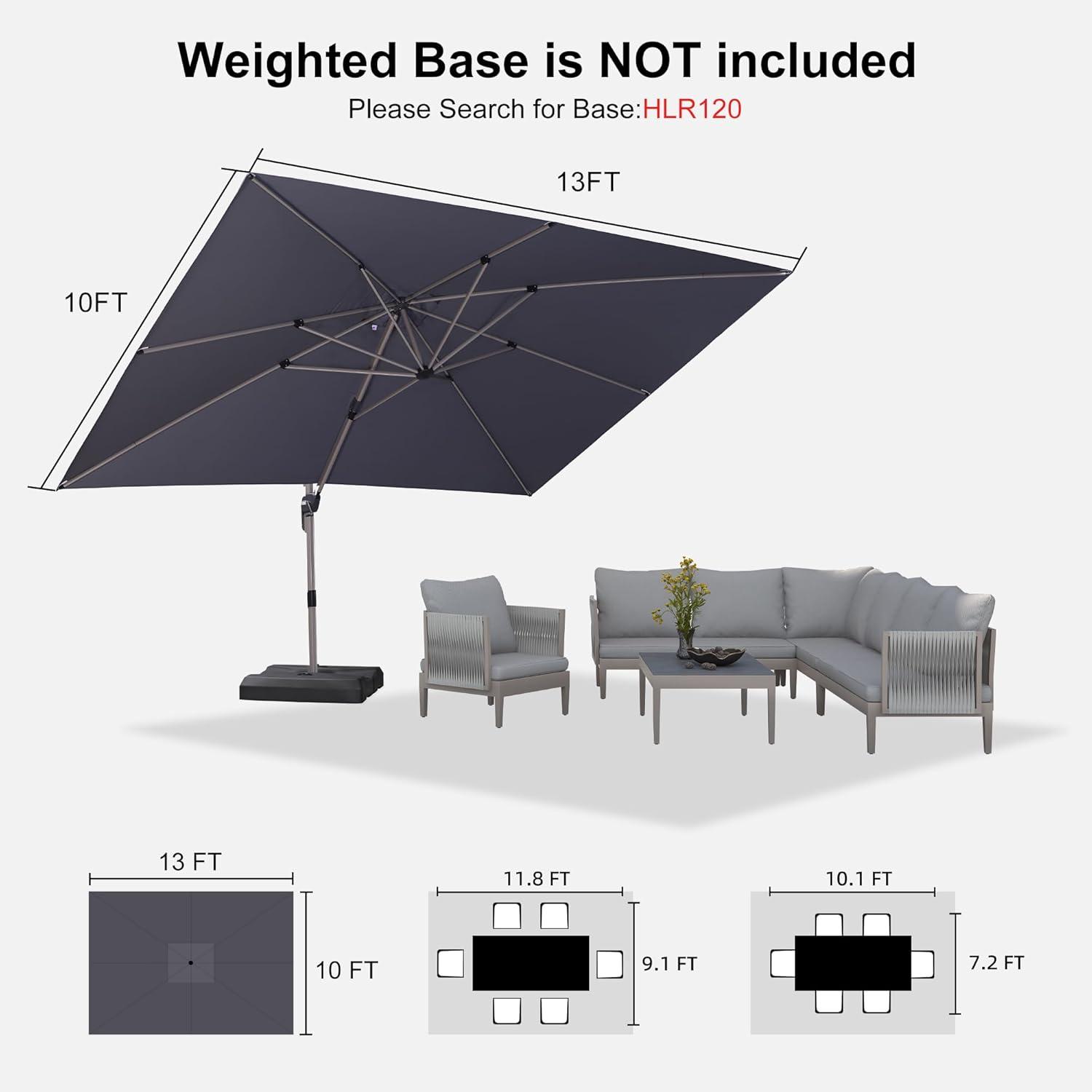 PURPLE LEAF 10' X 13' Patio Umbrella, Rectangle Outdoor Cantilever Umbrella, Aluminum Offset Umbrella with Champagne Frame and 360° Rotation for Pool Deck Garden, Light Grey