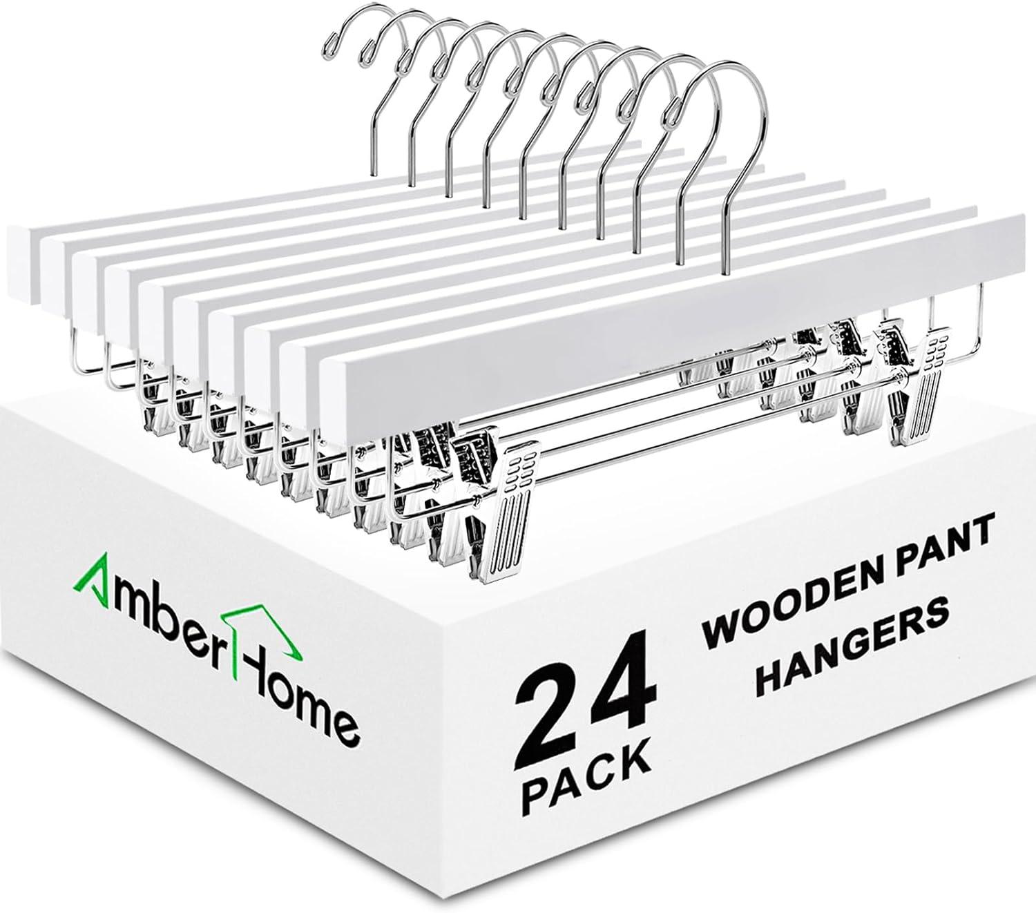 Amber Home 24 Pack White Wooden Pants Hangers with Adjustable Clips