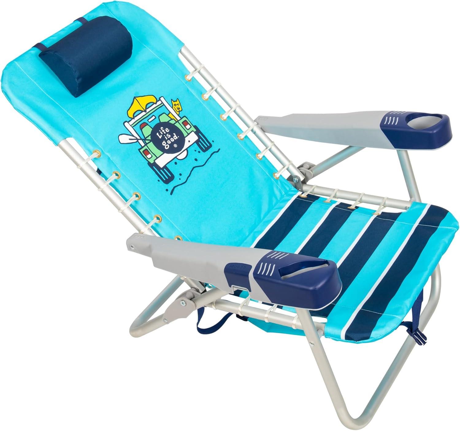 Life is Good 4-Position Lace-up Backpack Beach Chair with Pillow, Cup and Phone Holder, Island Blue