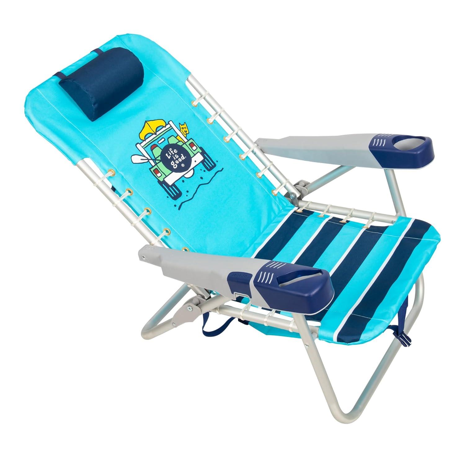 Life is Good 4-Position Lace-up Backpack Beach Chair with Pillow, Cup and Phone Holder, Island Blue