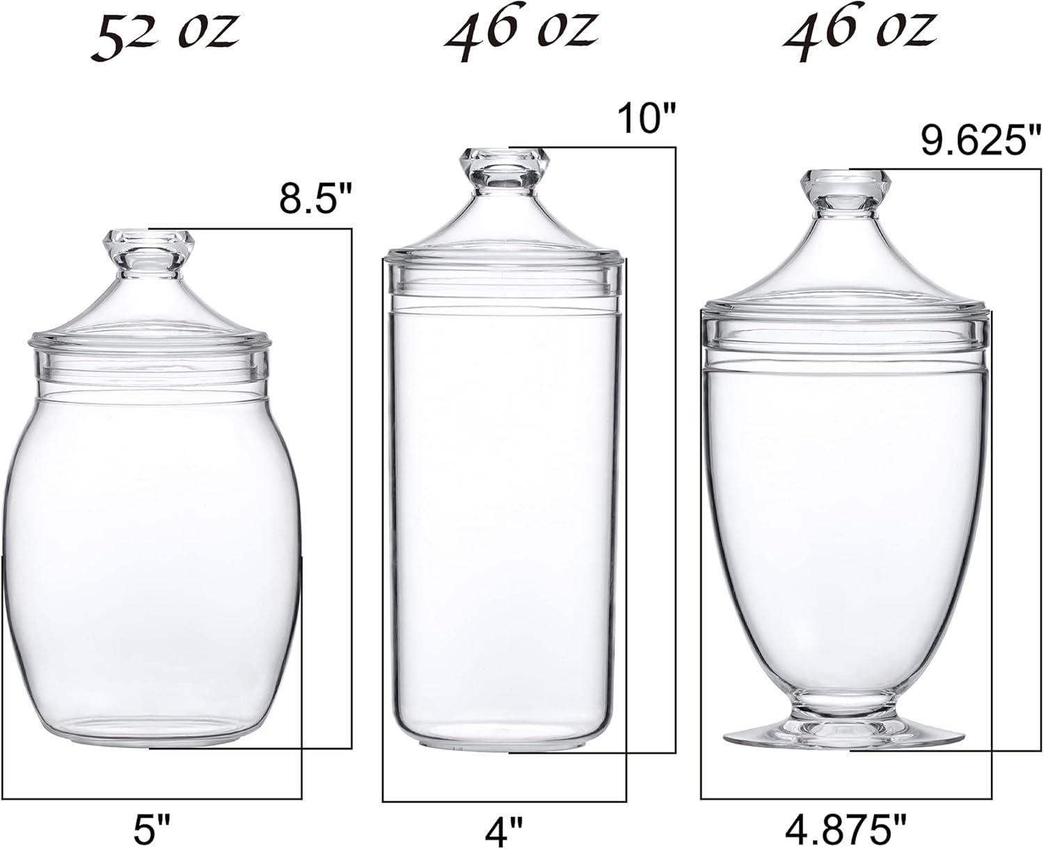 Amazing Abby - Adore - Plastic Apothecary Jars (3-Piece Set, 52/46/46 oz), Acrylic Jars with Lids, Bathroom Canisters, Candy Buffet, Wedding Display, BPA-Free and Shatter-Proof (NOT Glass)
