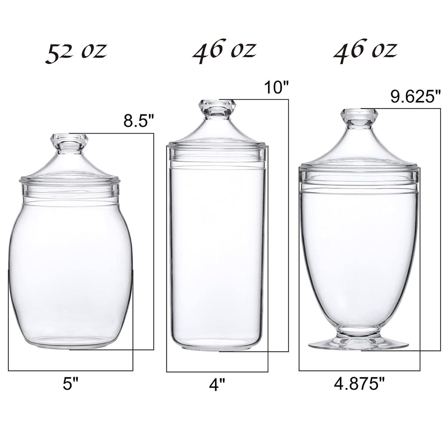 Amazing Abby - Adore - Plastic Apothecary Jars (3-Piece Set, 52/46/46 oz), Acrylic Jars with Lids, Bathroom Canisters, Candy Buffet, Wedding Display, BPA-Free and Shatter-Proof (NOT Glass)