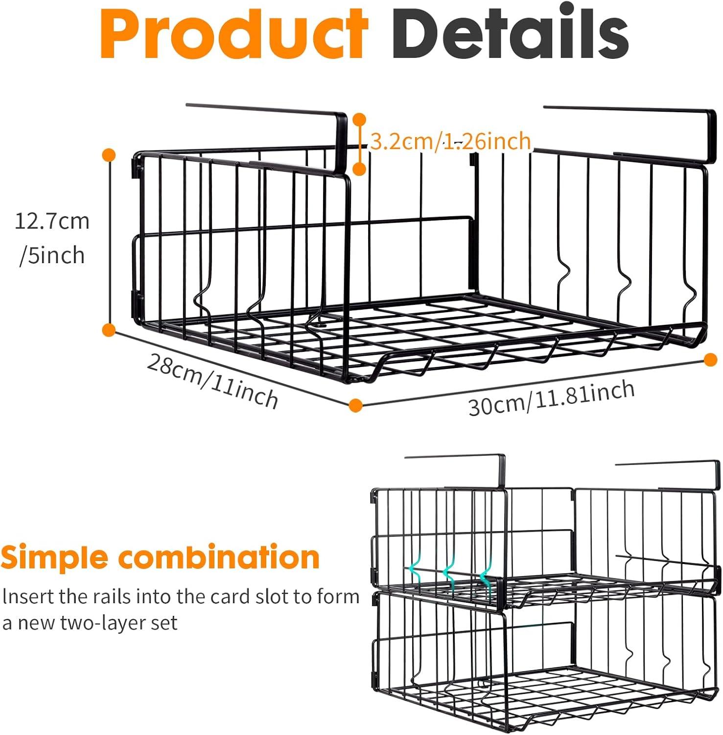 Basicwise Hanging Under Shelf Metal Storage Basket, Set of 2
