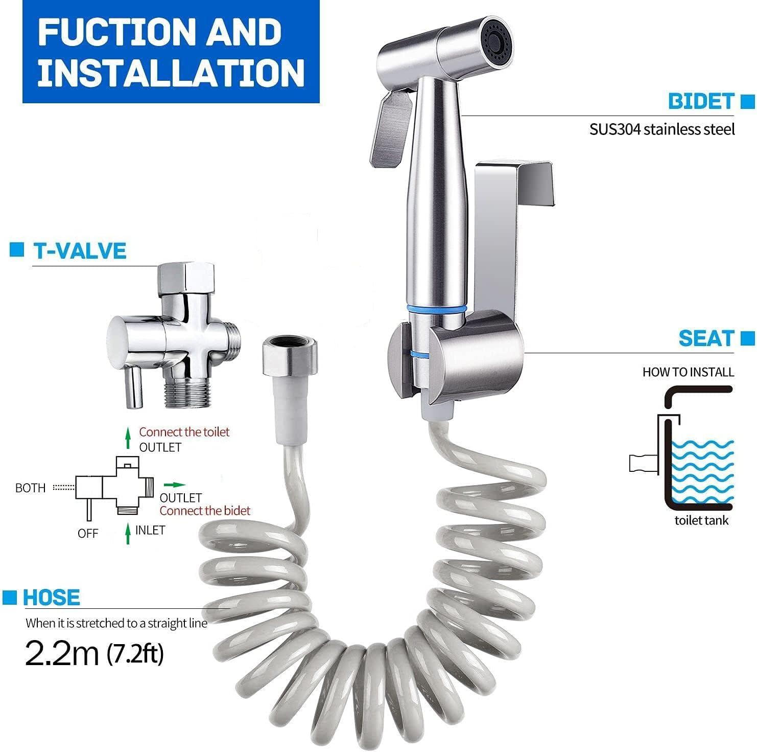 TURLEE-Handheld Bidet Sprayer for Toilet -Brass T-valve Adapter, Sprayer Adjustable Water Pressure Control with Bidet Retractable Spring Hose for Feminine Wash.