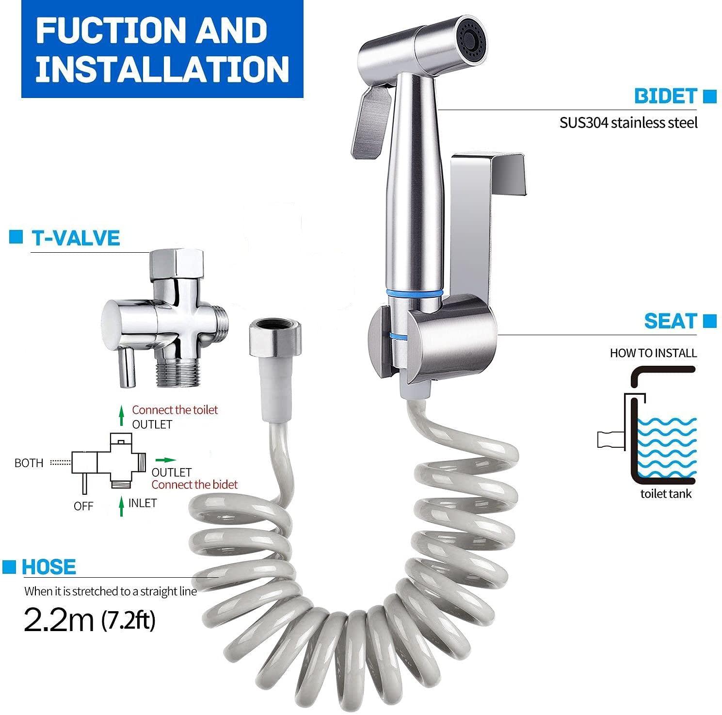 TURLEE-Handheld Bidet Sprayer for Toilet -Brass T-valve Adapter, Sprayer Adjustable Water Pressure Control with Bidet Retractable Spring Hose for Feminine Wash.