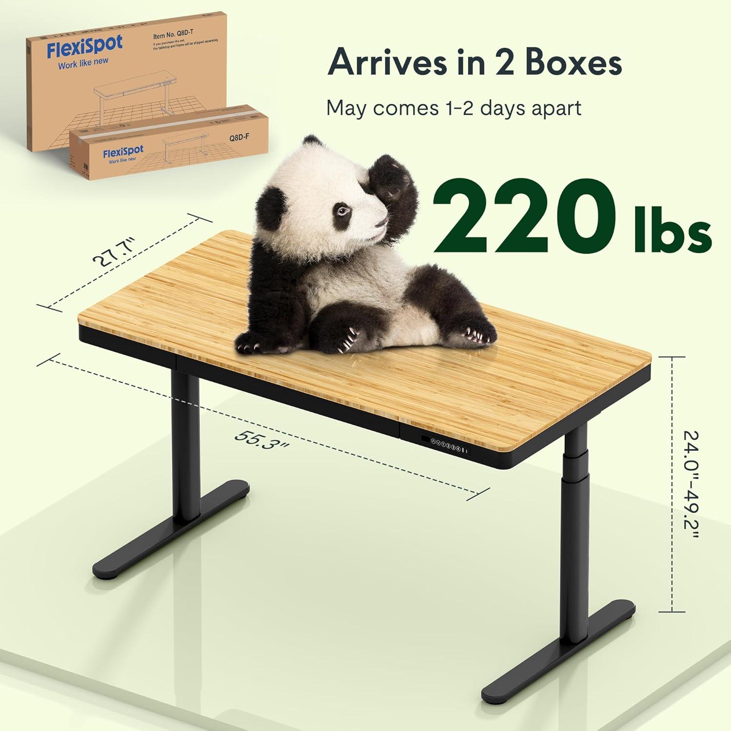 FLEXISPOT Q8 55" Bamboo Standing Desk, Dual Motor 3 Stages Adjustable Height Electric Computer Workstation w/Wireless Charging, Drawer, Quick Install, 220lbs Capacity (Bamboo Tabletop + White Frame)
