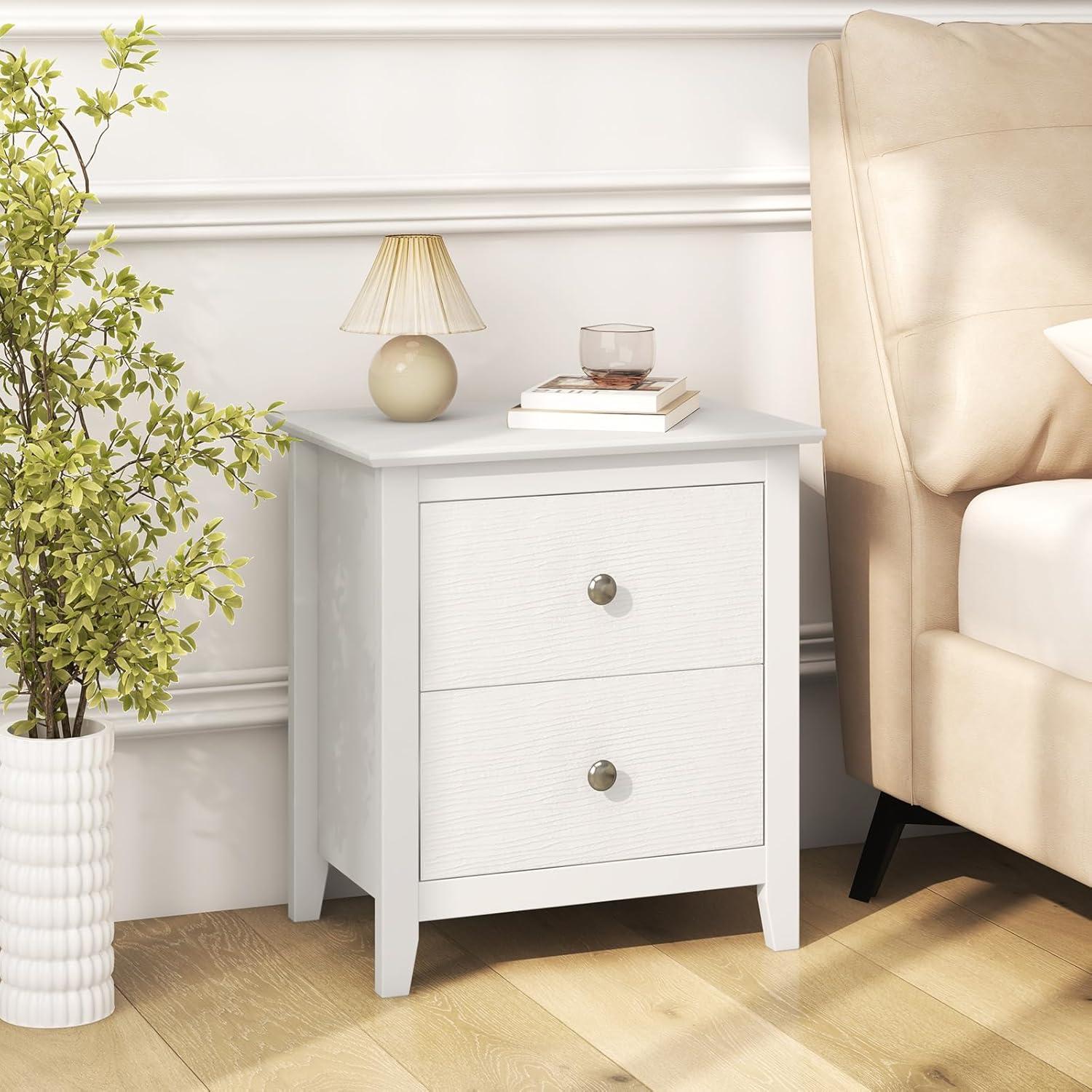 Tangkula Modern Nightstand with Storage 2 Drawers & Support Legs for Bedroom White