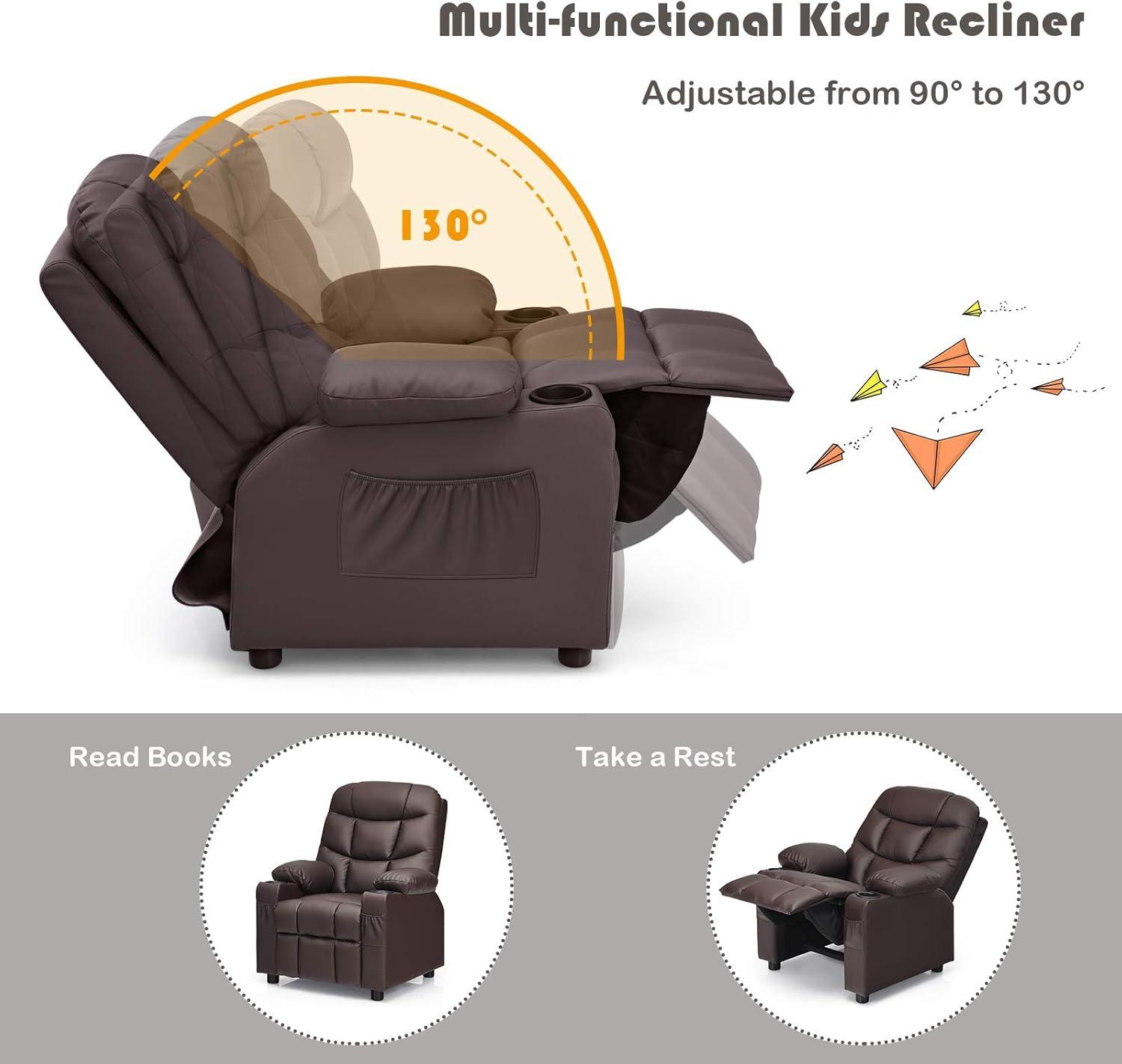 Brown Faux Leather Kids Recliner with Wood Frame