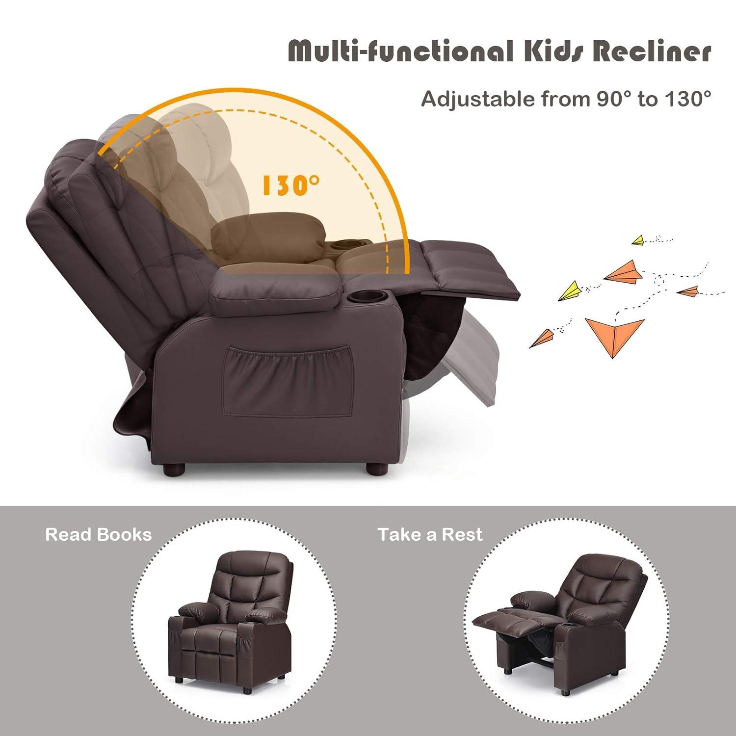 YYAo Recliner Chair,Toddler Reading Couch,Kids Recliner Chair with Cup Holder and Footrest for Children-Brown