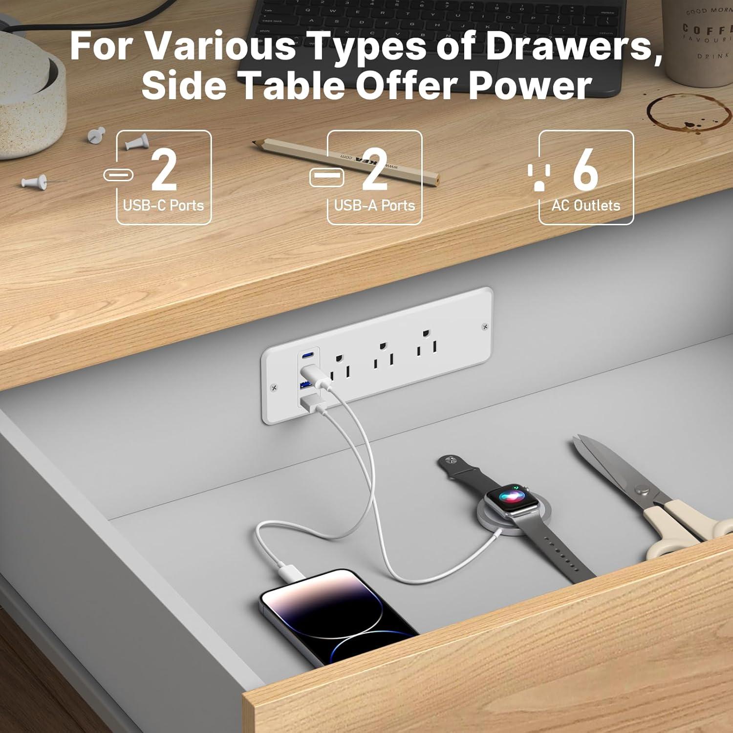 White 6-Outlet Recessed Power Strip with USB Ports and 6 ft Cord