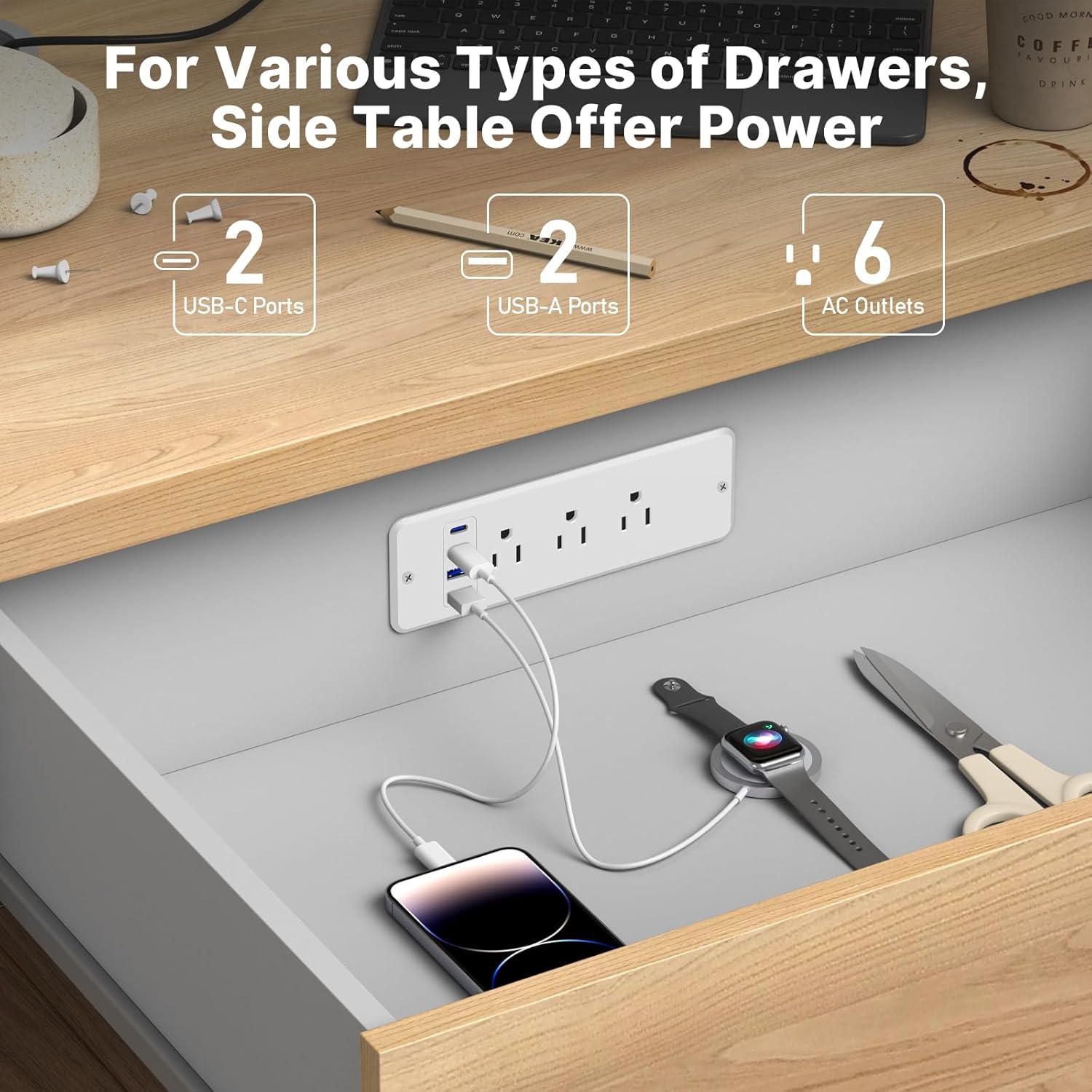 CCCEI 6 Outlets Dual Side Recessed Power Strip with USB C Ports, Furniture Flush Mount, Under Desk, Desk Top Multiple Outlets, Hidden Charging Station for Conference Table, Nightstand, White. 6FT.