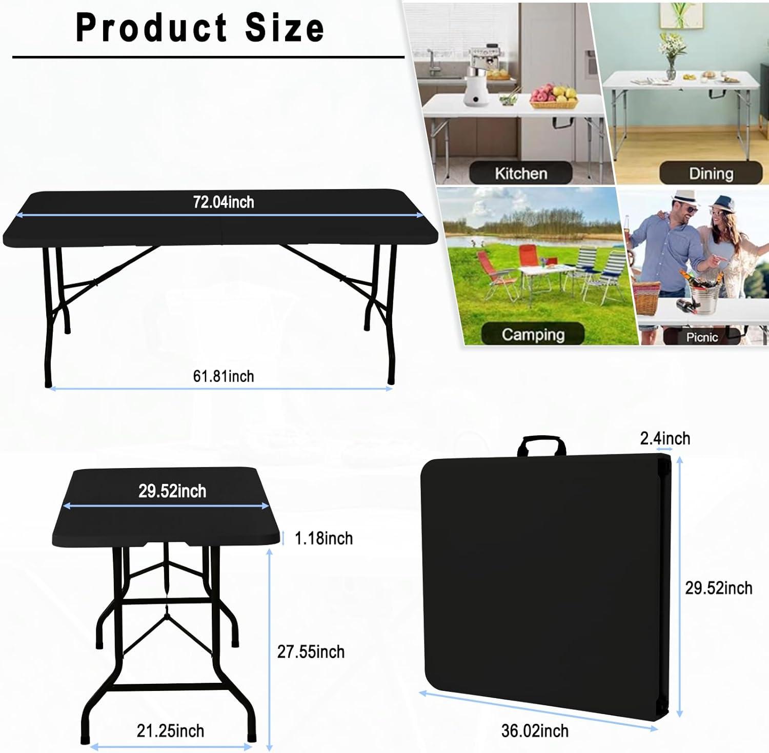 GIVIMO 6ft Folding Table, Portable Plastic Tables for Party, Picnic, Camping, Black