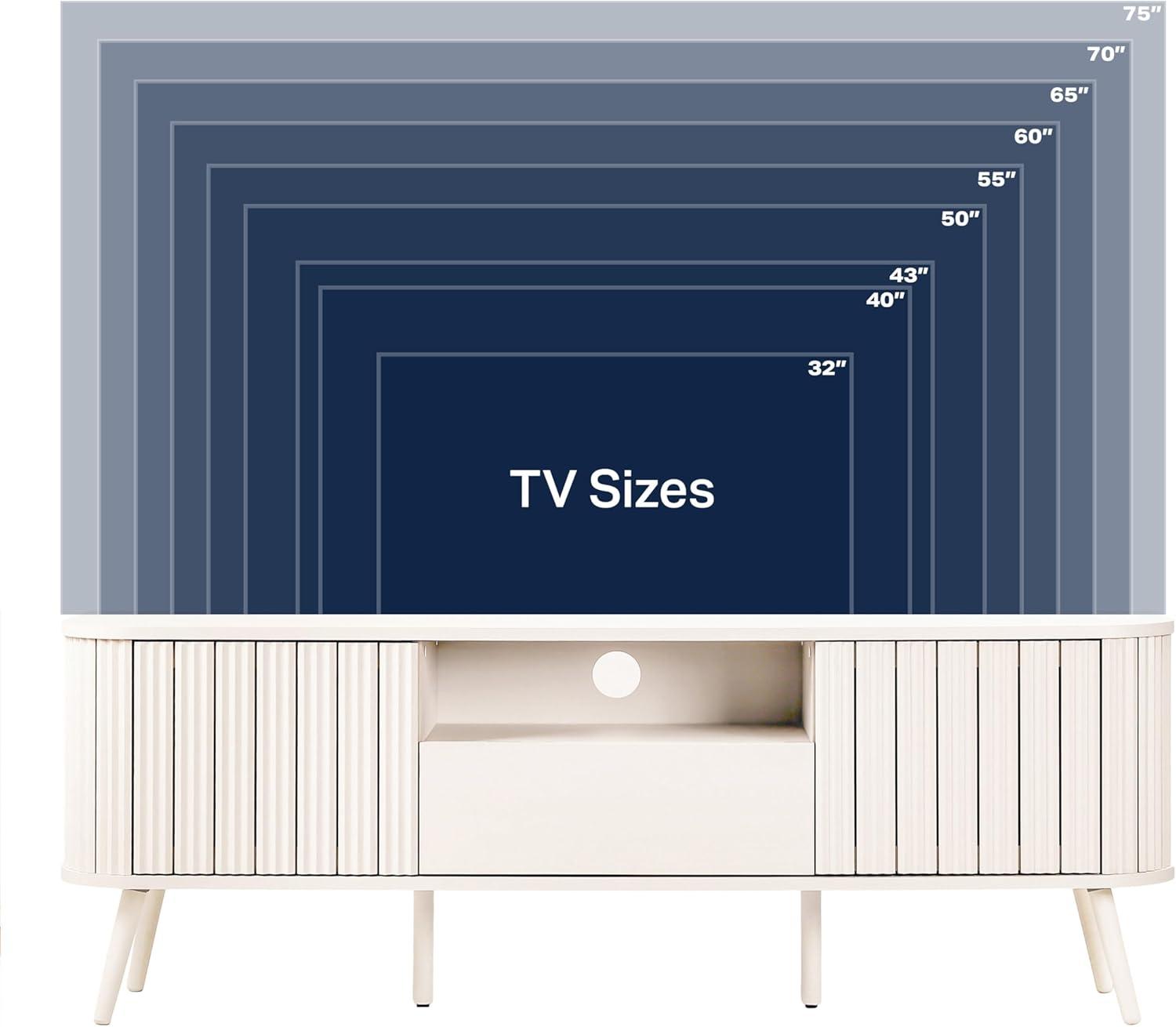 JONATHAN Y Damien 70 in. Farmhouse Curved TV Stand with Drawer and Storage Doors Fits TVs up to 75 in. with Cable Management, Off-White