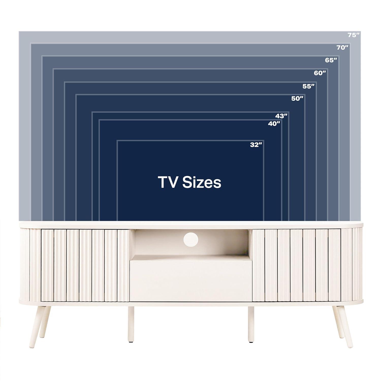 JONATHAN Y Damien 70 in. Farmhouse Curved TV Stand with Drawer and Storage Doors Fits TVs up to 75 in. with Cable Management, Off-White